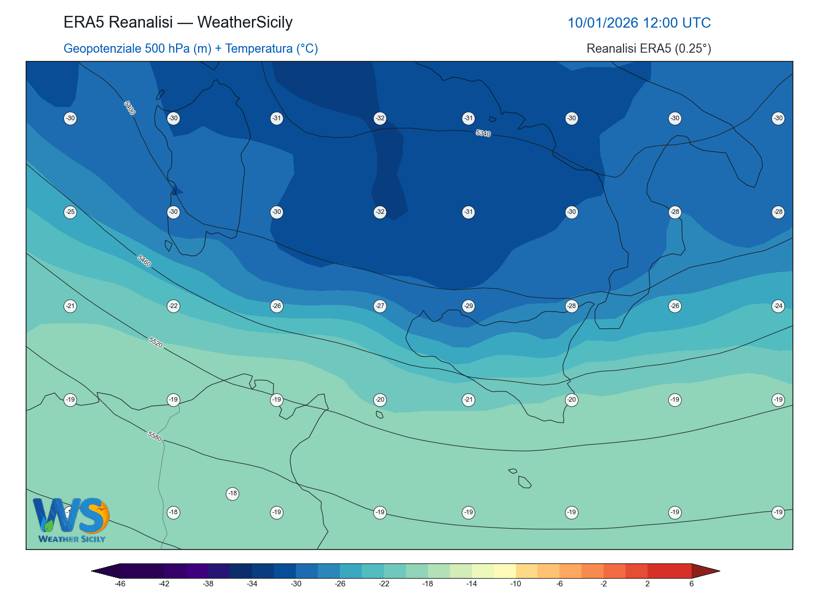 Geopotenziale 500 hPa + Temperatura · 2026011012