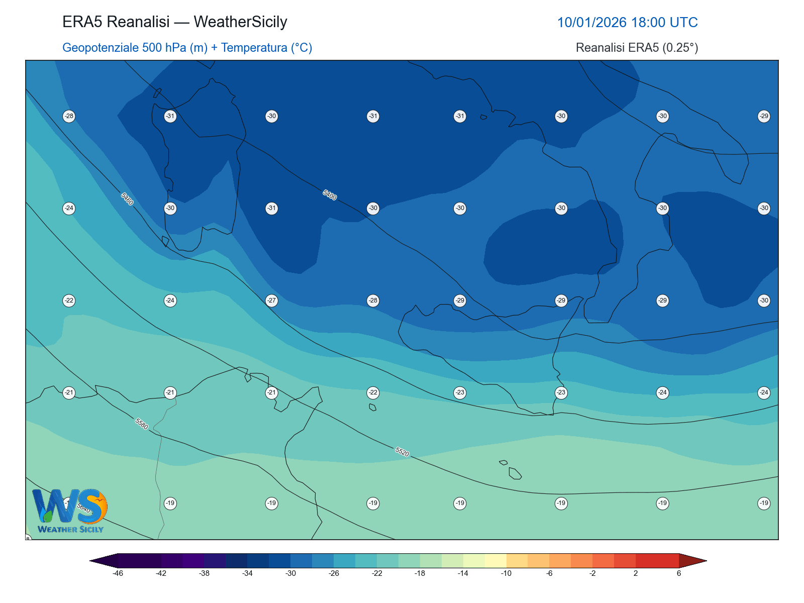 Geopotenziale 500 hPa + Temperatura · 2026011018