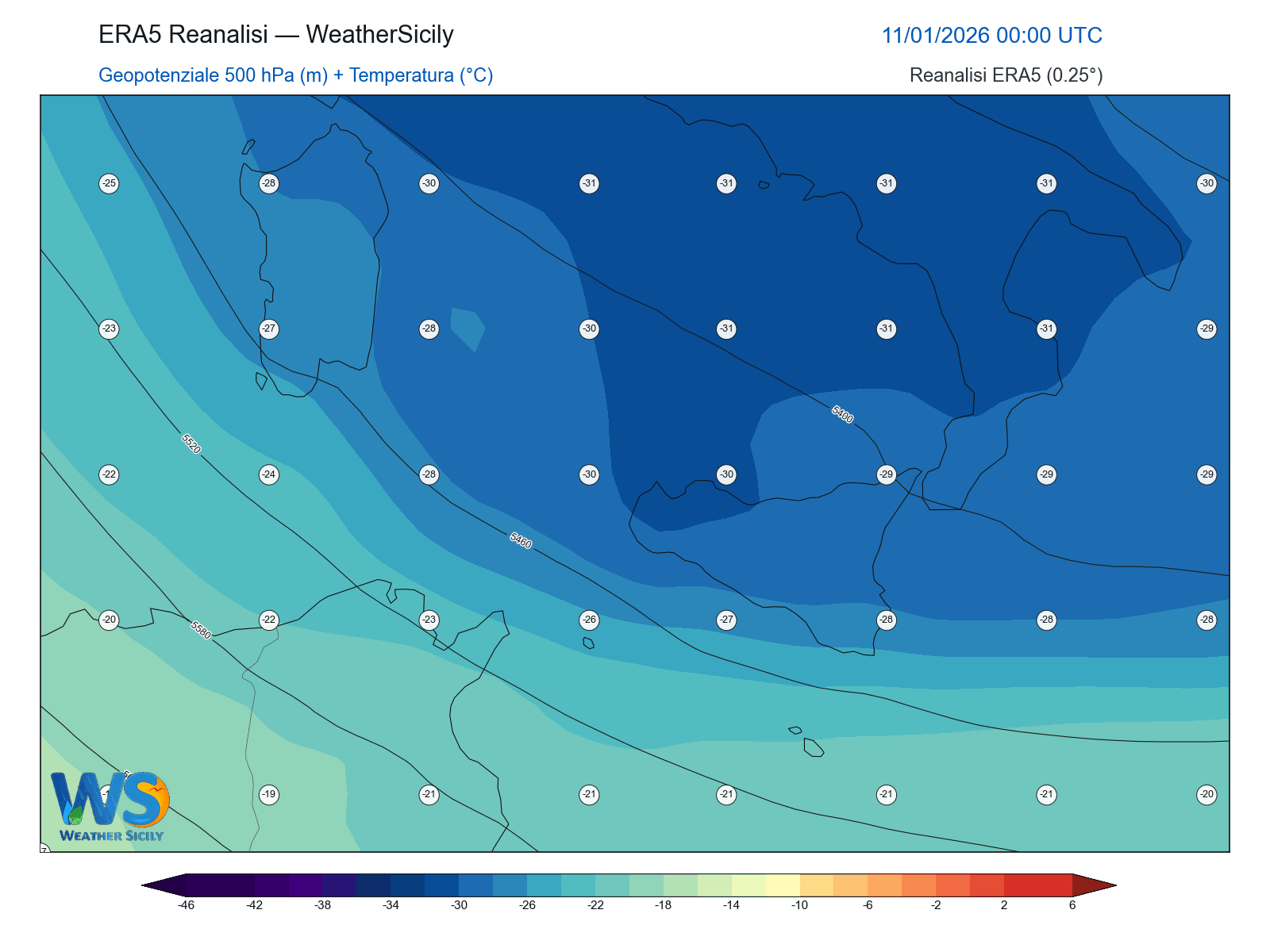 Geopotenziale 500 hPa + Temperatura · 2026011100