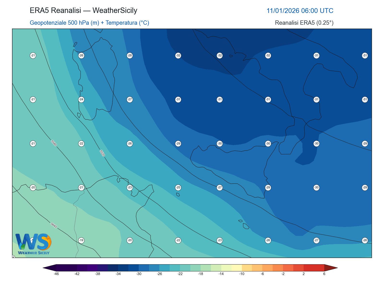 Geopotenziale 500 hPa + Temperatura · 2026011106