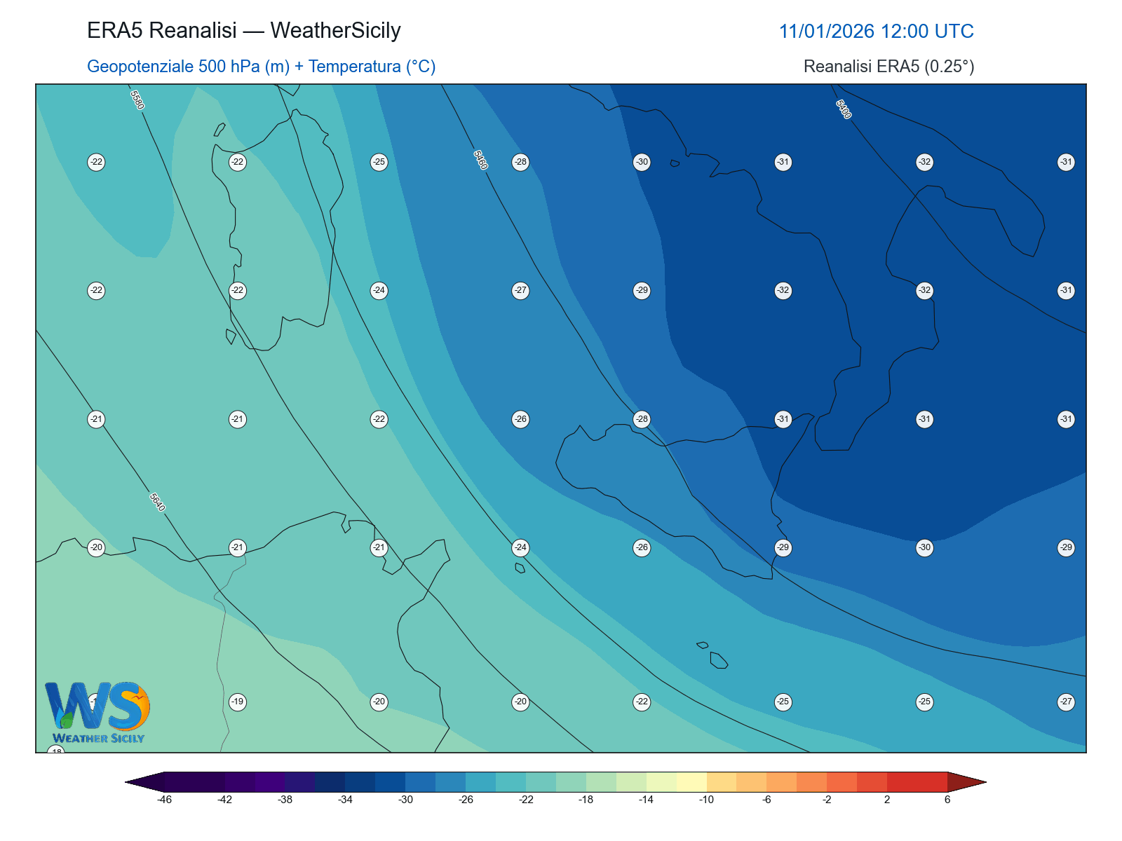 Geopotenziale 500 hPa + Temperatura · 2026011112