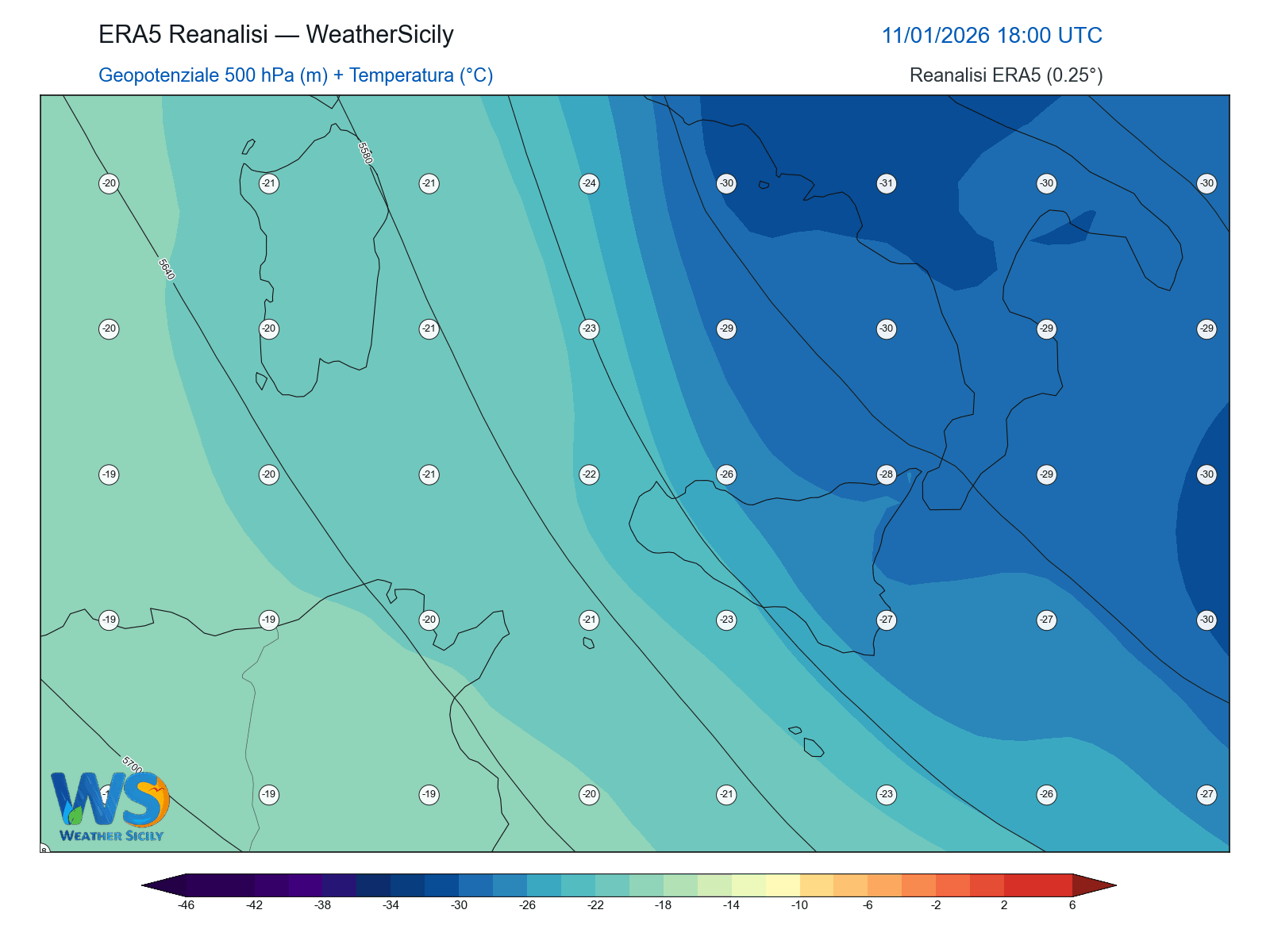 Geopotenziale 500 hPa + Temperatura · 2026011118