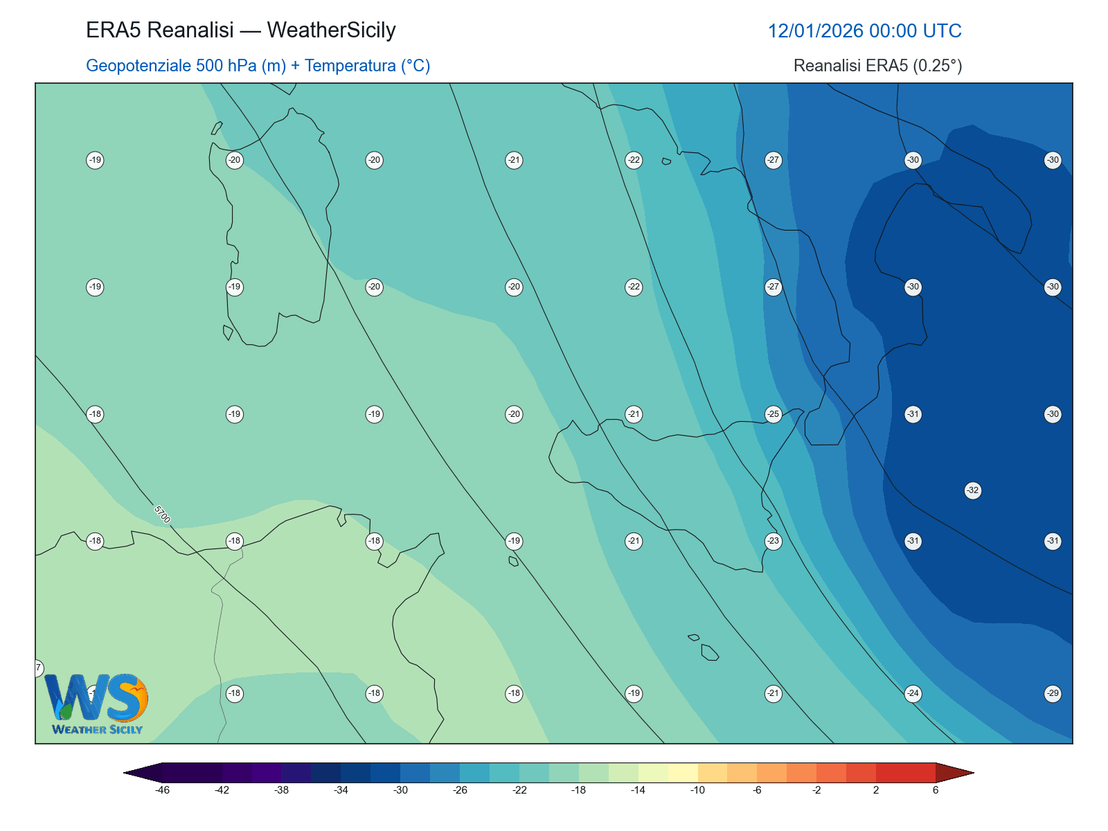 Geopotenziale 500 hPa + Temperatura · 2026011200