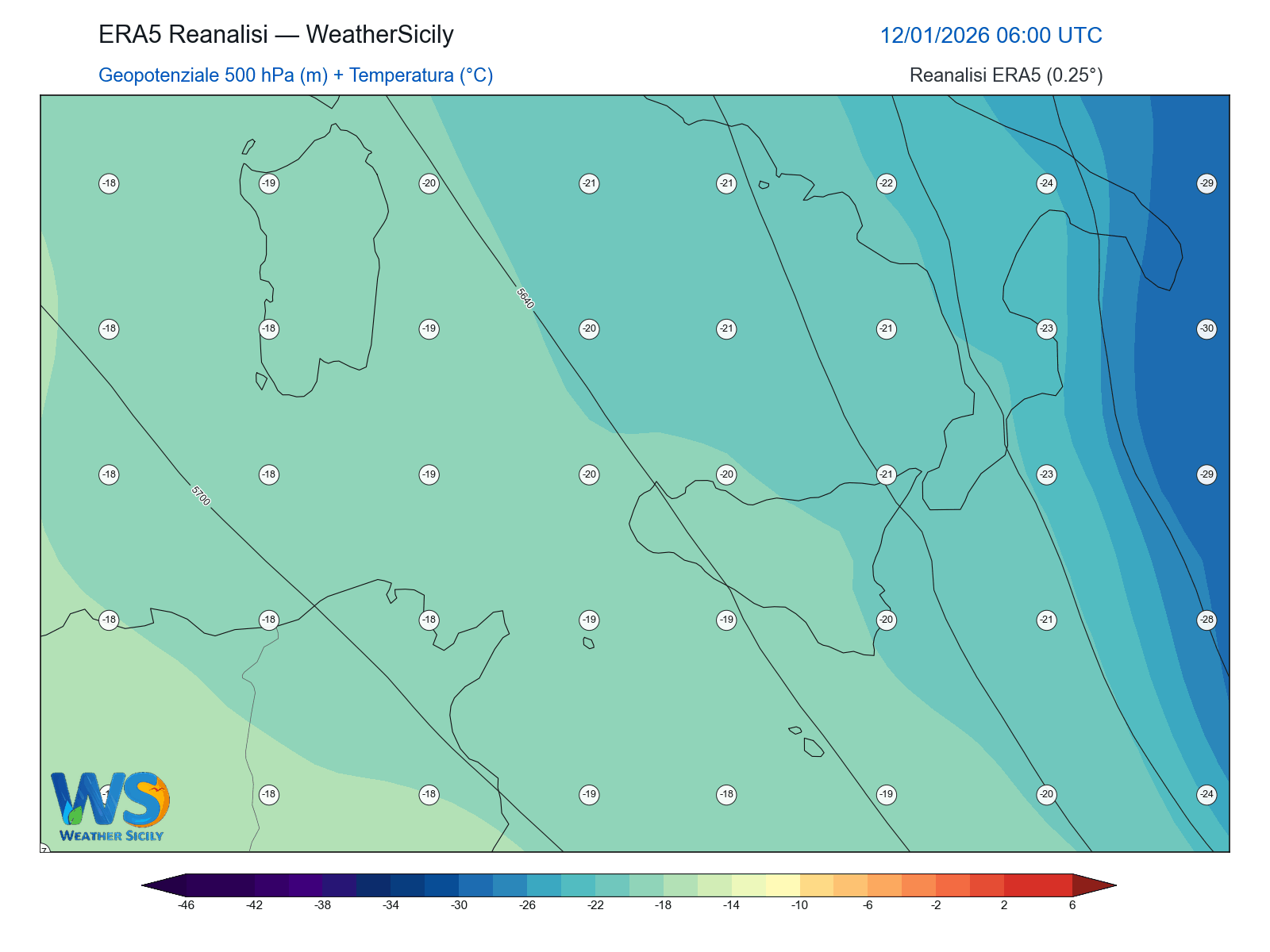 Geopotenziale 500 hPa + Temperatura · 2026011206