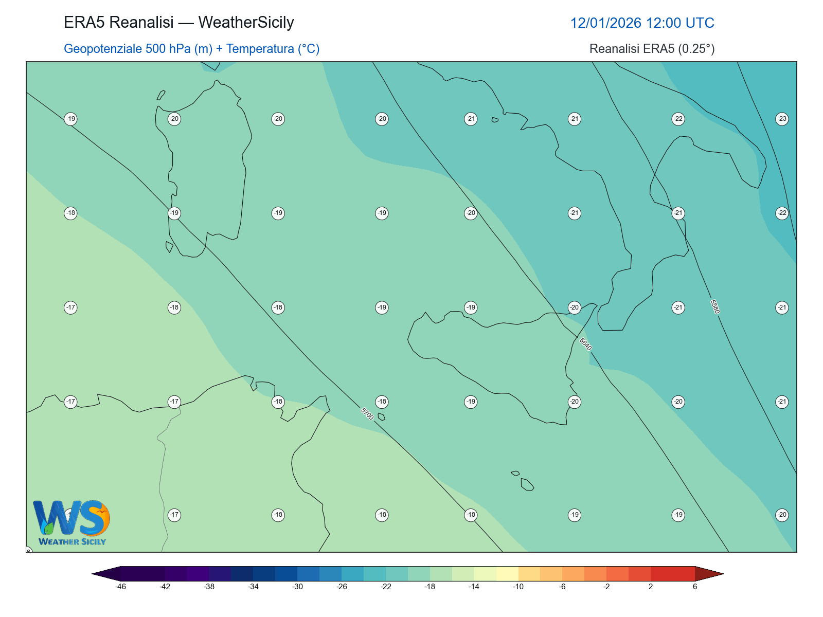 Geopotenziale 500 hPa + Temperatura · 2026011212