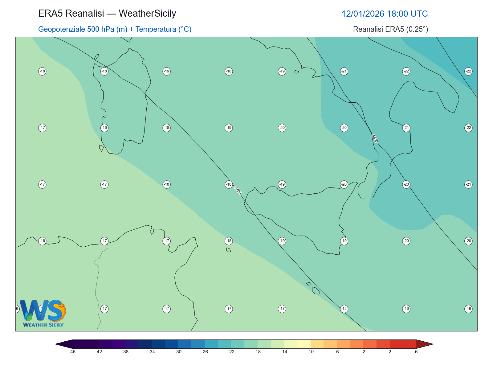 Geopotenziale 500 hPa + Temperatura · 2026011218
