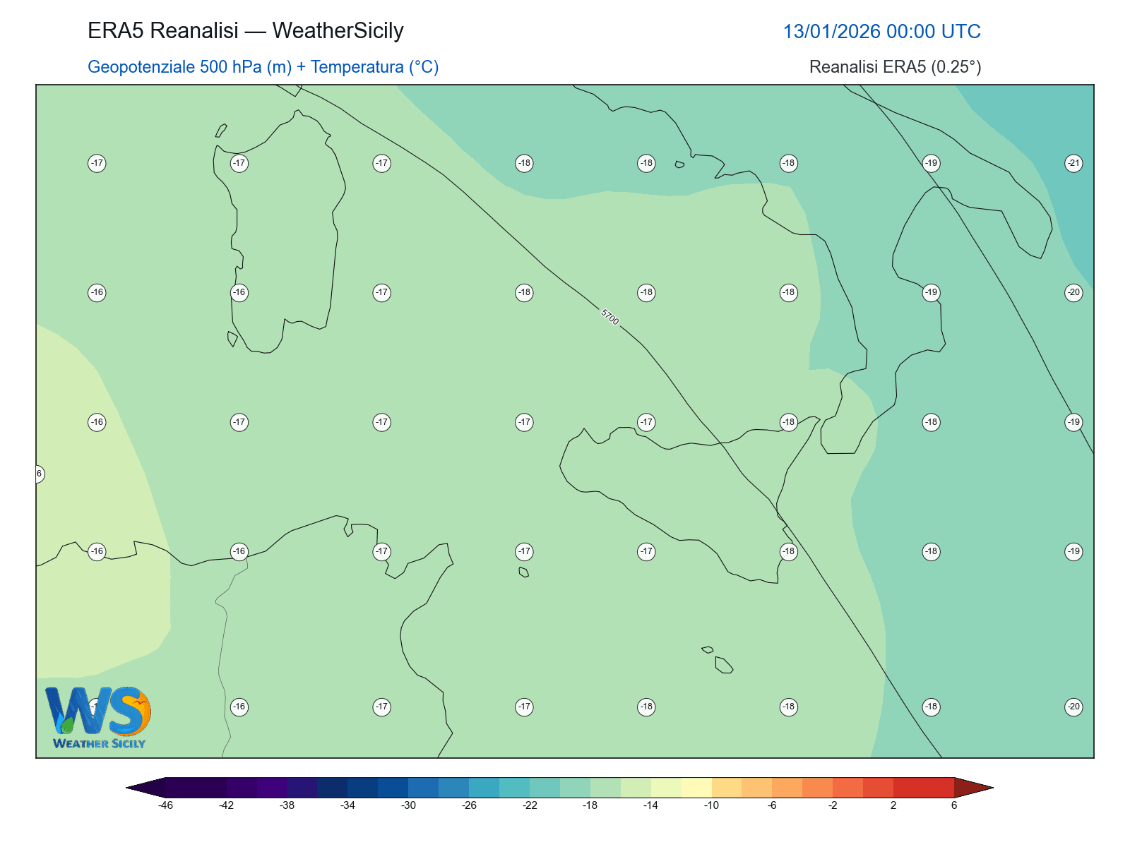 Geopotenziale 500 hPa + Temperatura · 2026011300