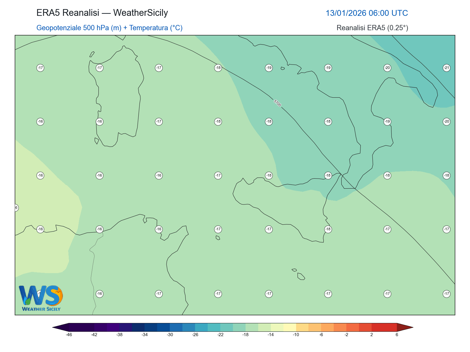 Geopotenziale 500 hPa + Temperatura · 2026011306