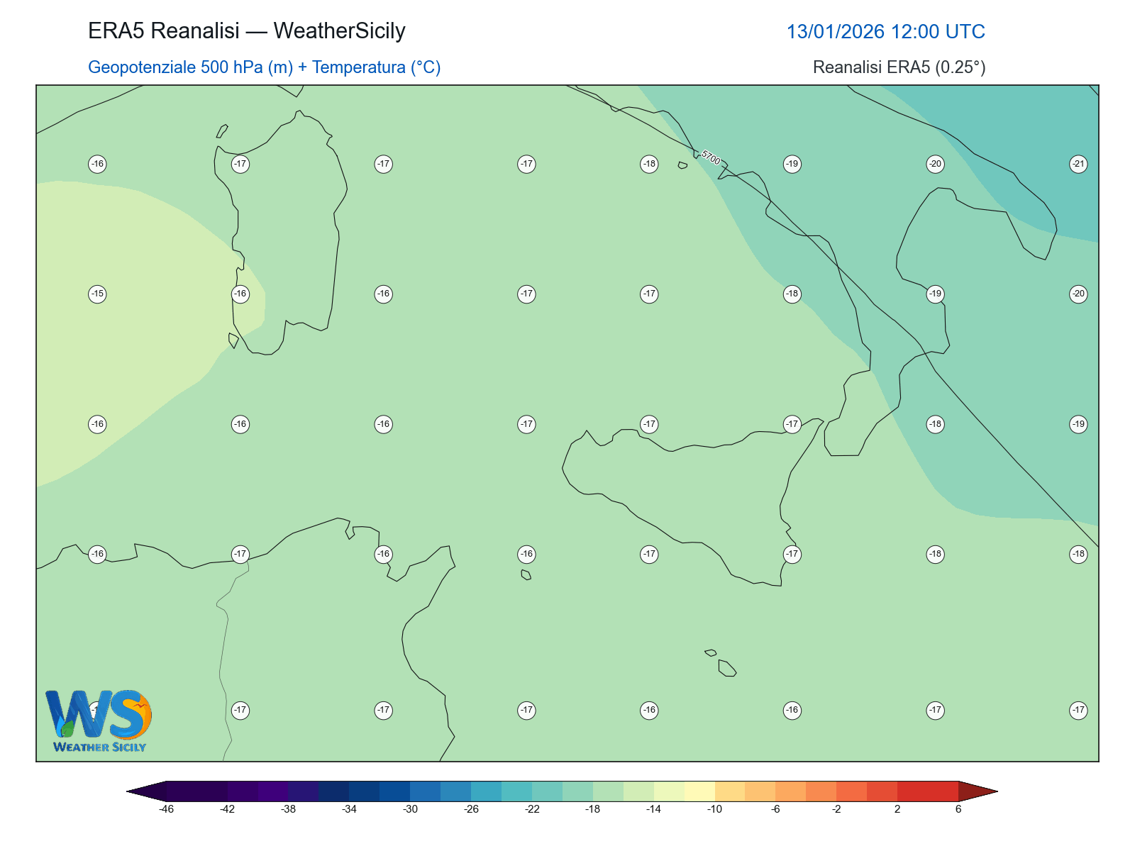 Geopotenziale 500 hPa + Temperatura · 2026011312