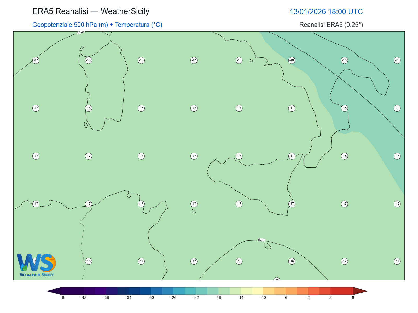 Geopotenziale 500 hPa + Temperatura · 2026011318