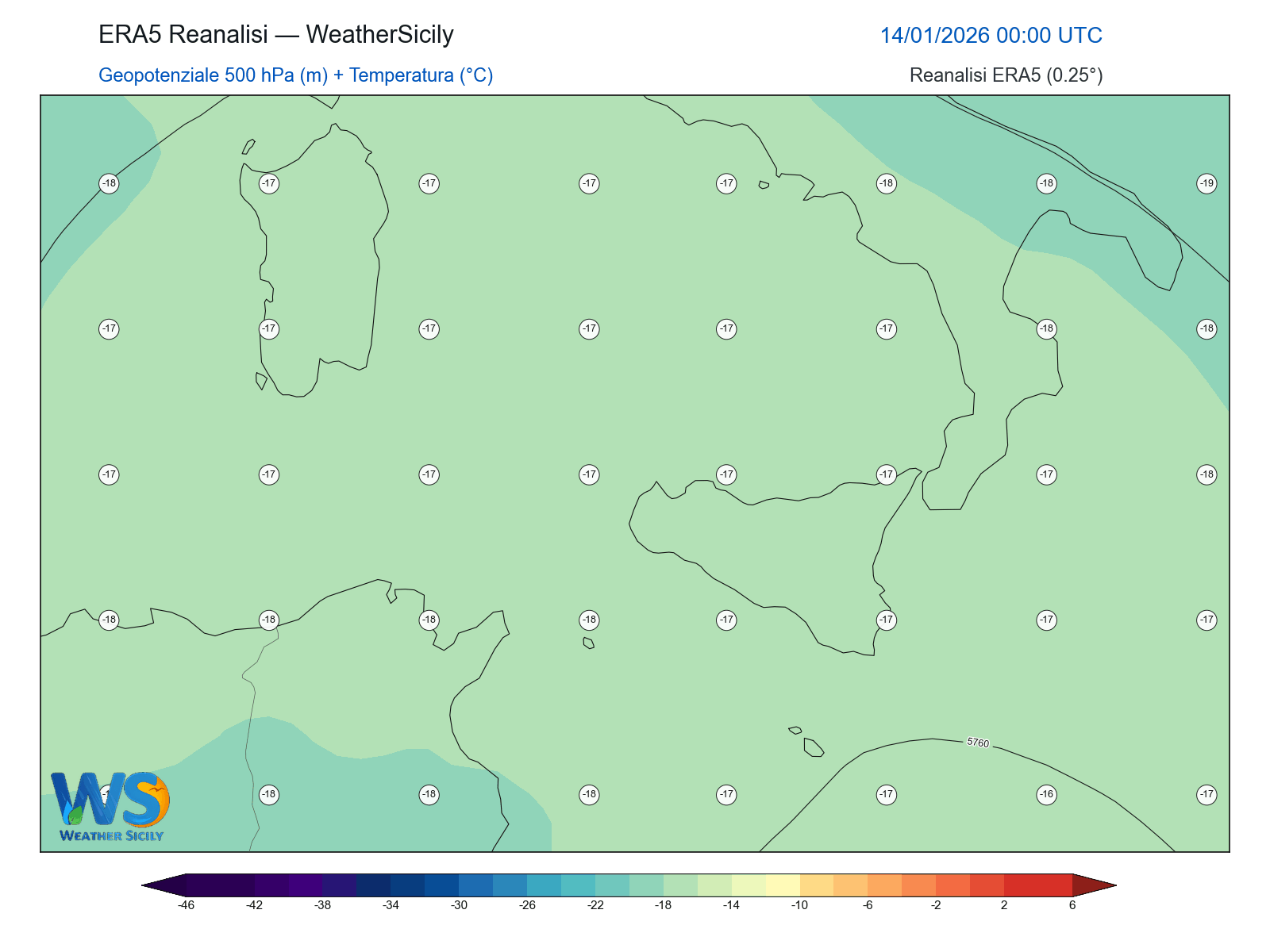 Geopotenziale 500 hPa + Temperatura · 2026011400