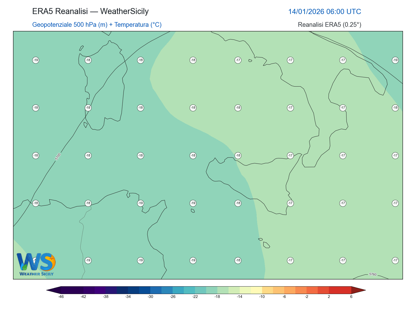Geopotenziale 500 hPa + Temperatura · 2026011406