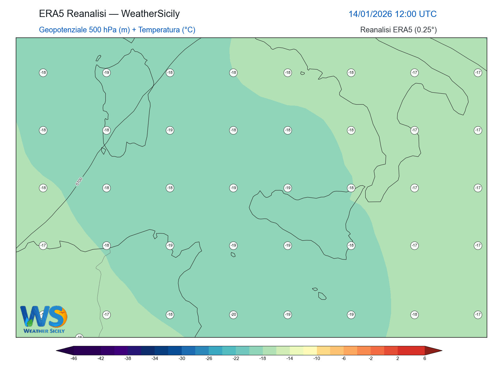 Geopotenziale 500 hPa + Temperatura · 2026011412