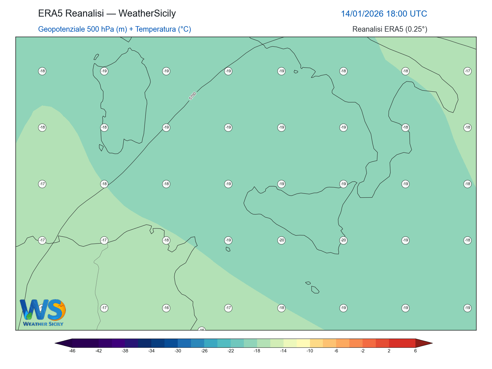 Geopotenziale 500 hPa + Temperatura · 2026011418