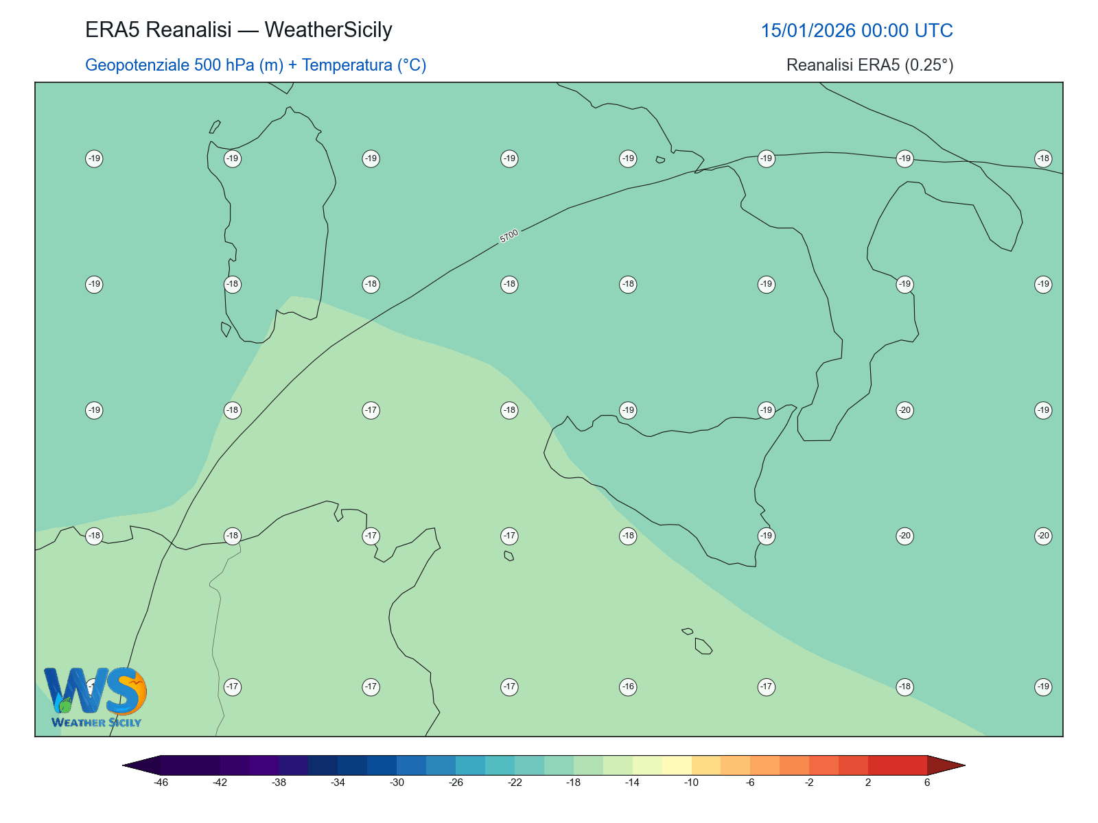 Geopotenziale 500 hPa + Temperatura · 2026011500