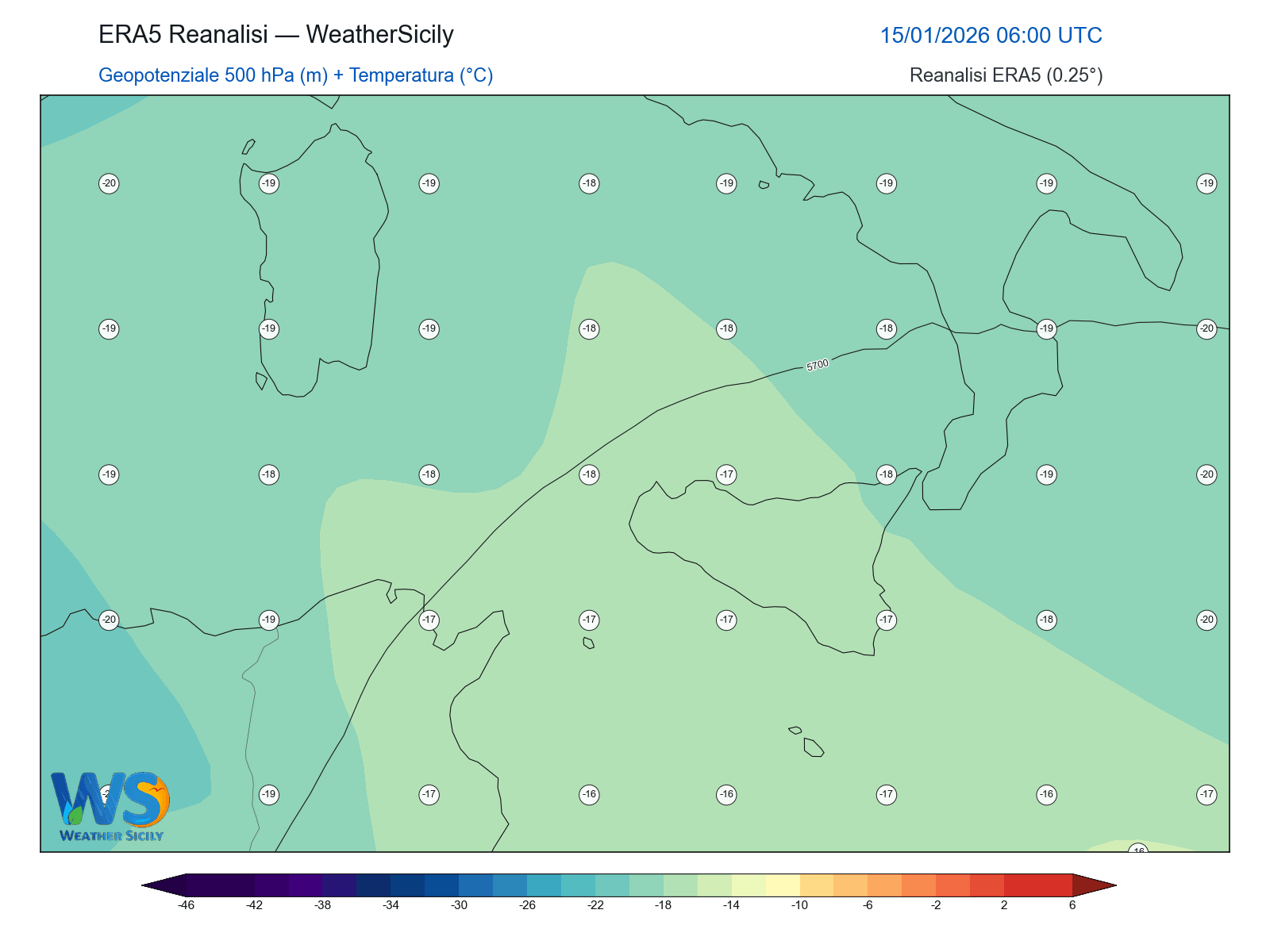 Geopotenziale 500 hPa + Temperatura · 2026011506