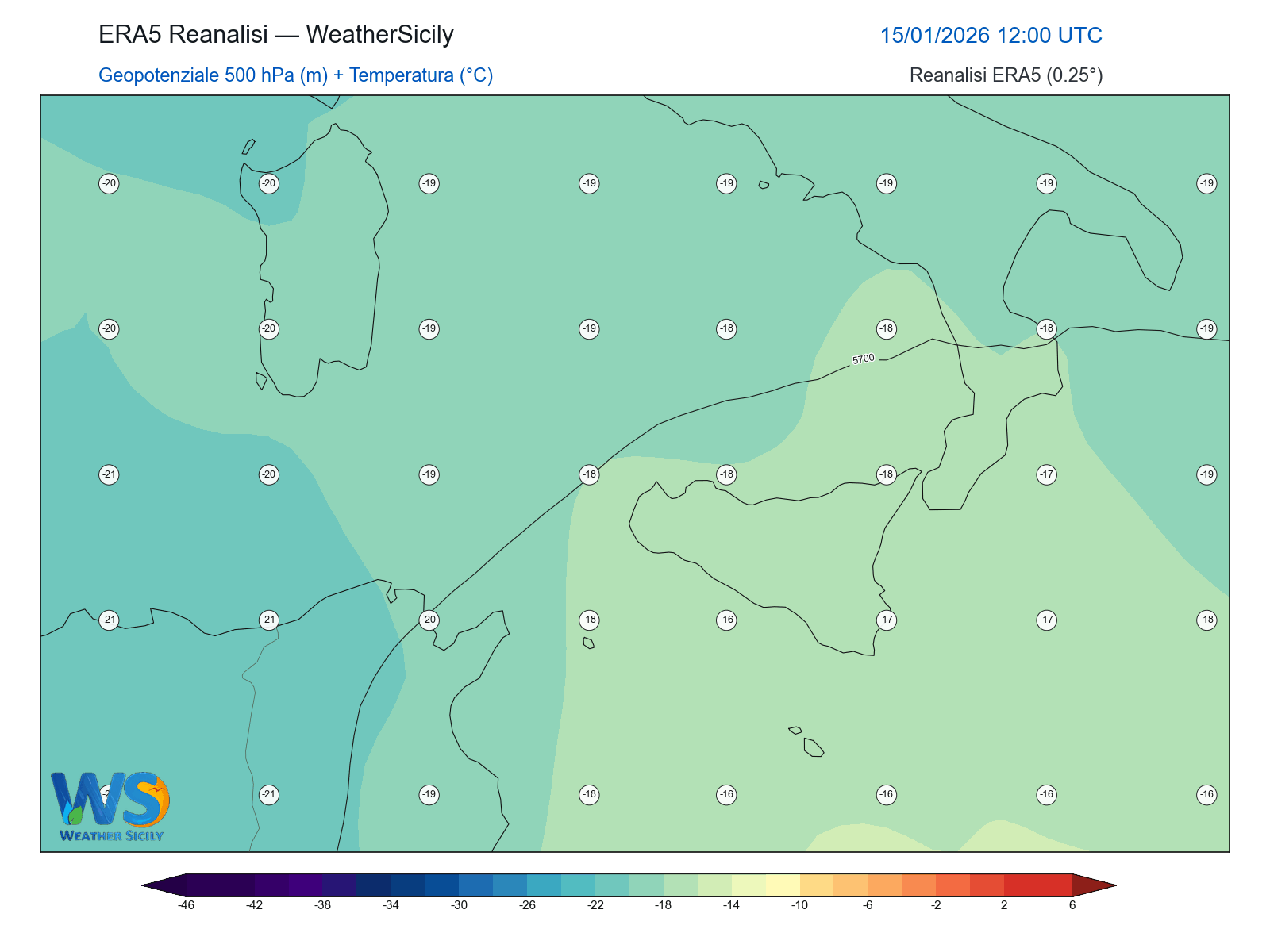 Geopotenziale 500 hPa + Temperatura · 2026011512
