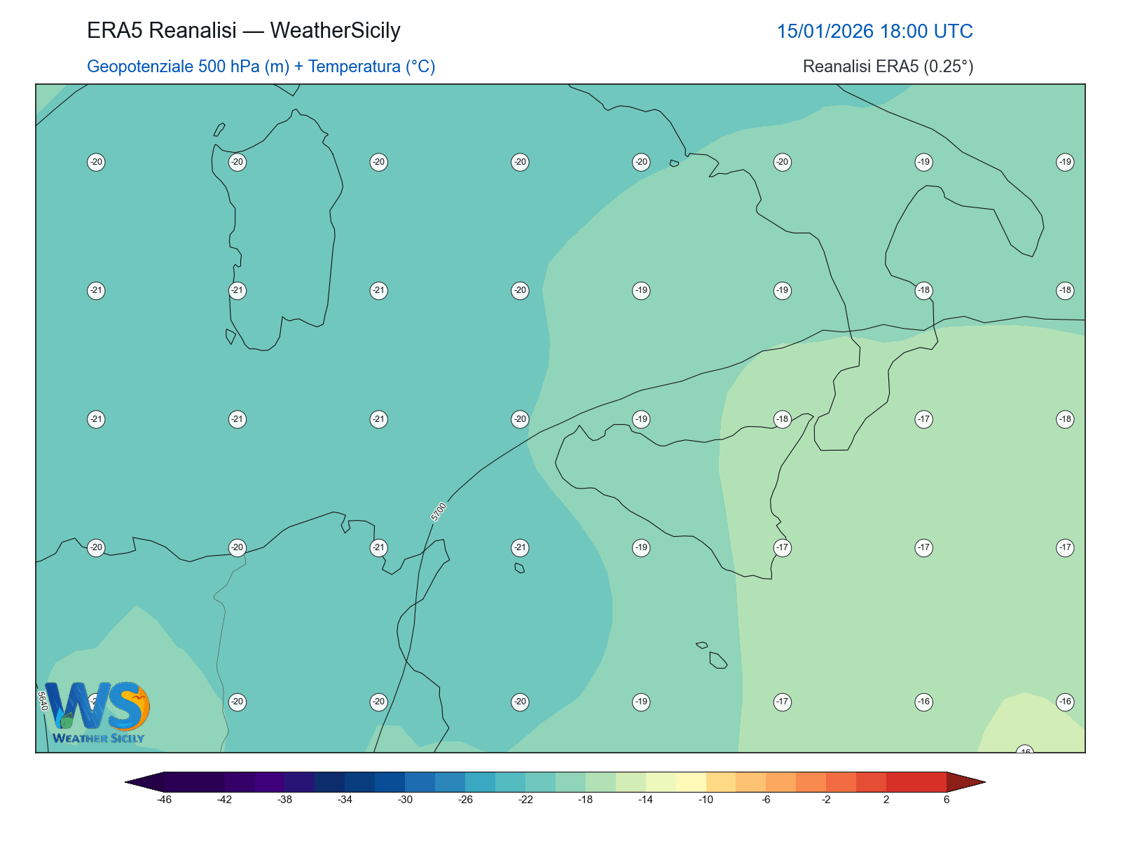 Geopotenziale 500 hPa + Temperatura · 2026011518