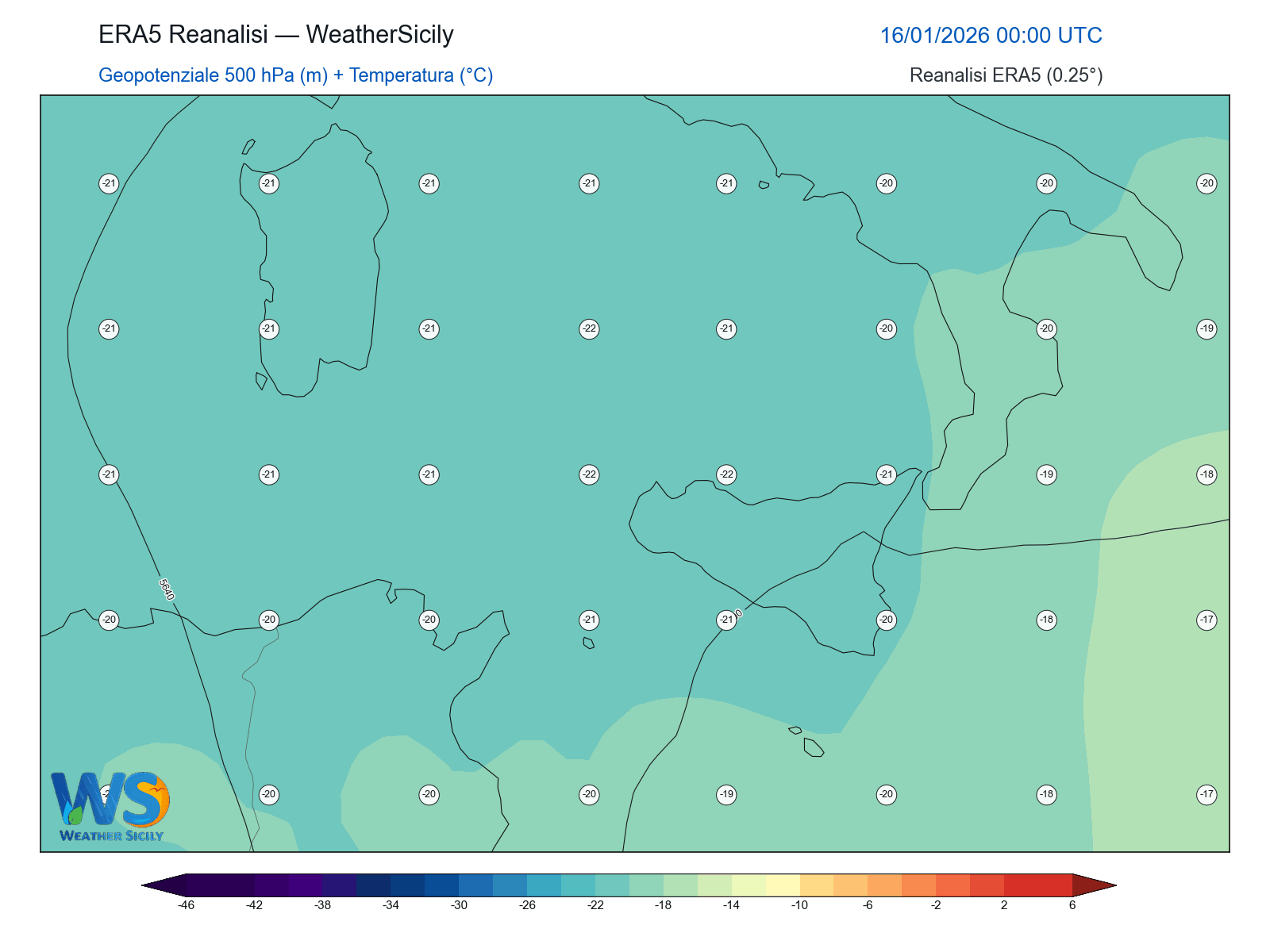 Geopotenziale 500 hPa + Temperatura · 2026011600