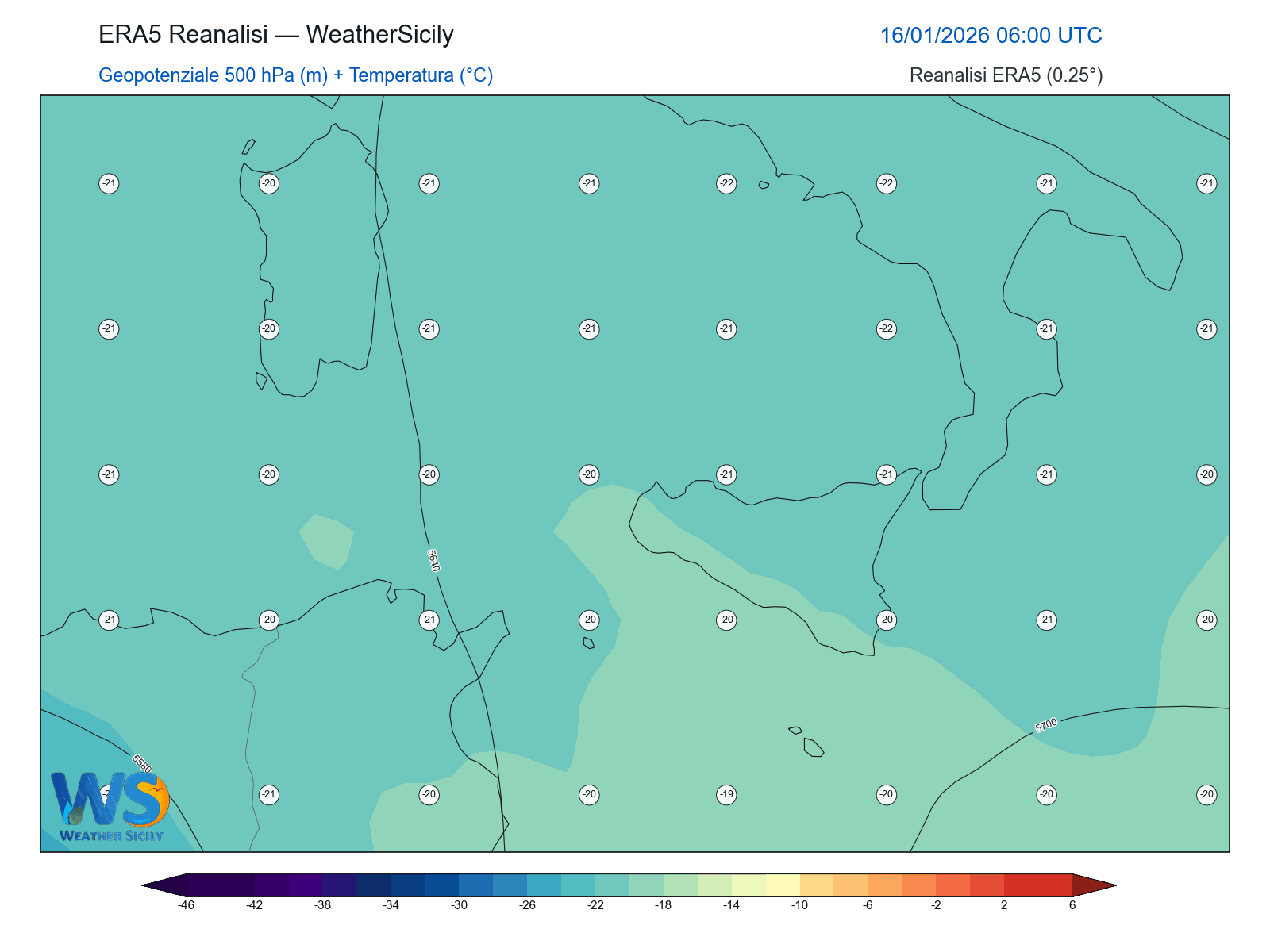 Geopotenziale 500 hPa + Temperatura · 2026011606