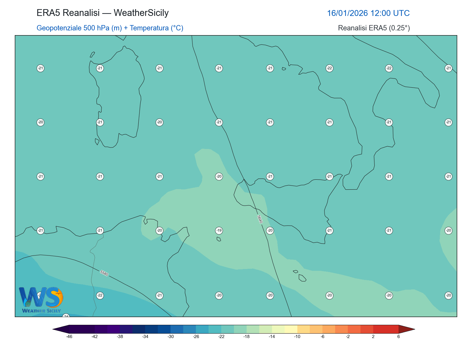 Geopotenziale 500 hPa + Temperatura · 2026011612