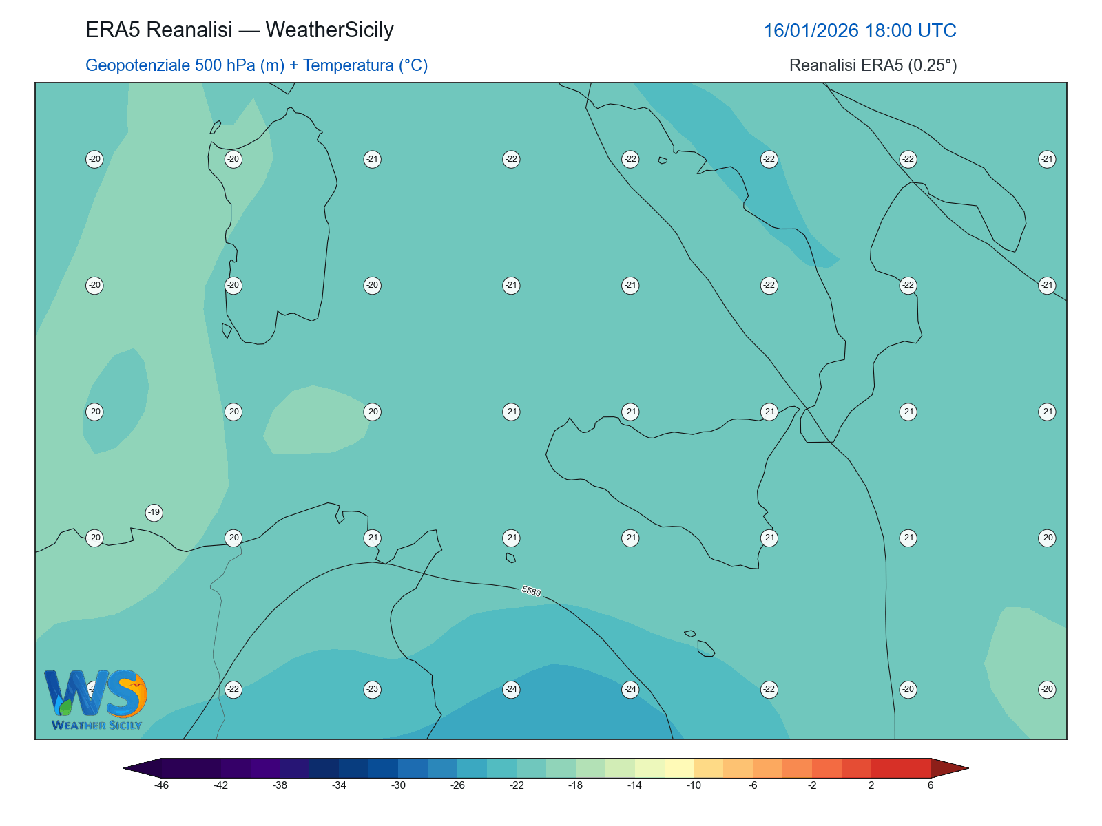 Geopotenziale 500 hPa + Temperatura · 2026011618