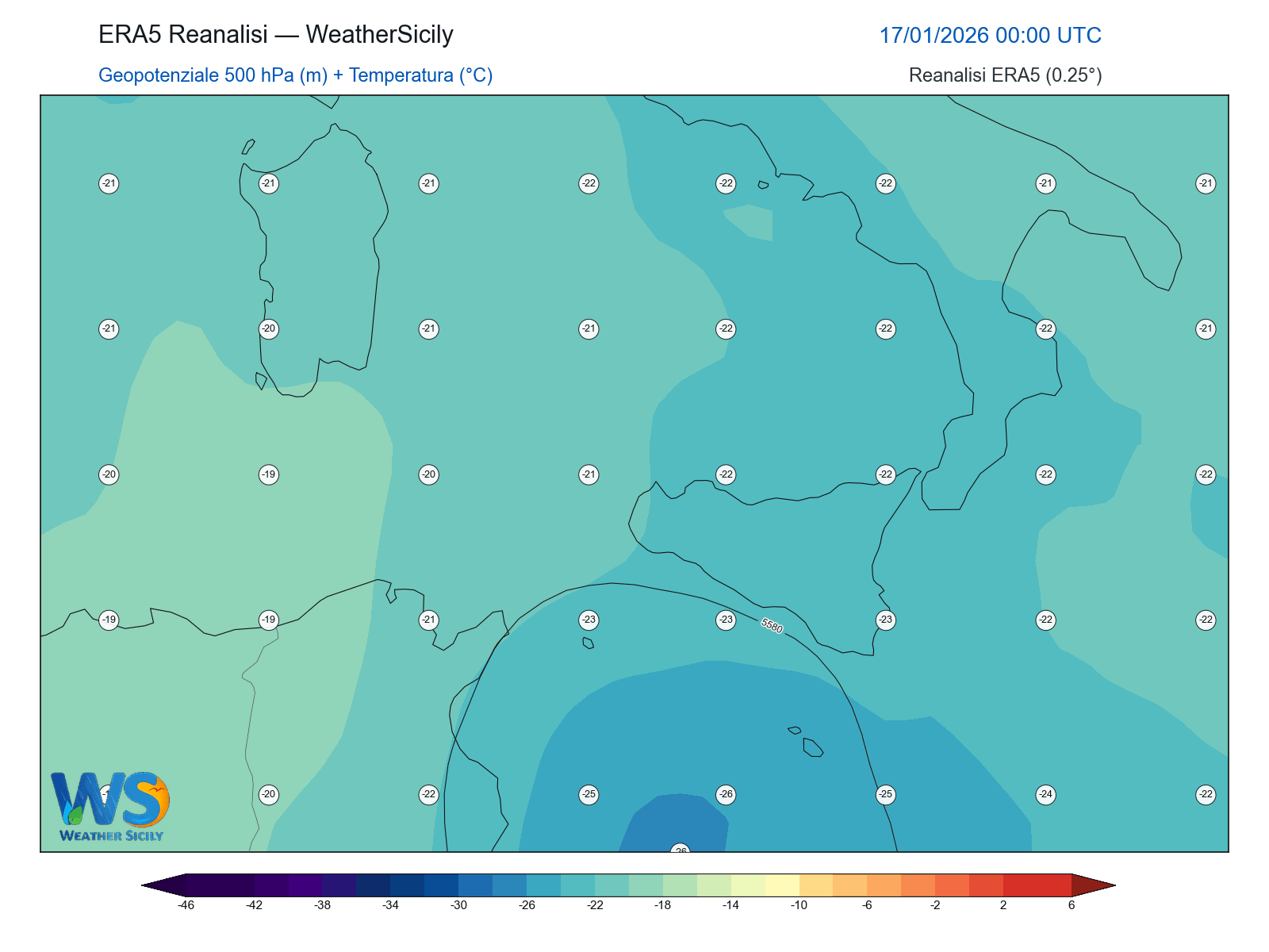 Geopotenziale 500 hPa + Temperatura · 2026011700