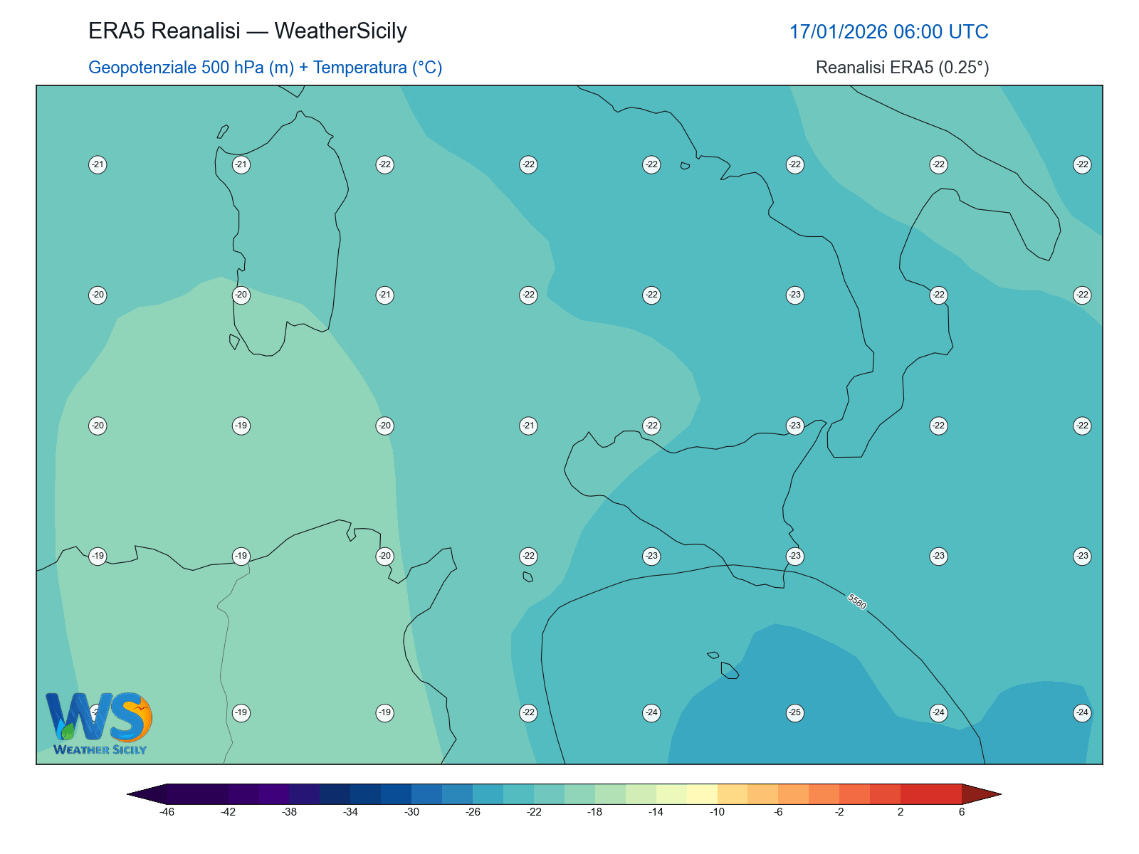 Geopotenziale 500 hPa + Temperatura · 2026011706