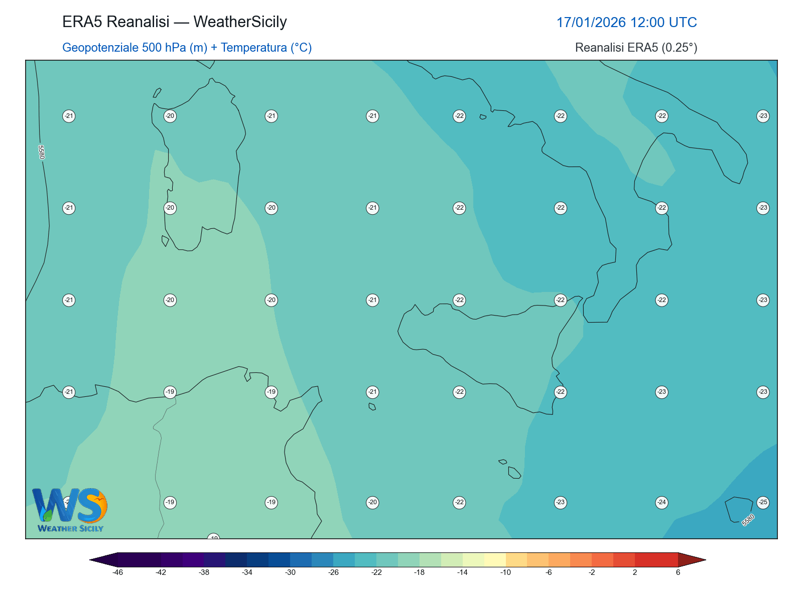 Geopotenziale 500 hPa + Temperatura · 2026011712