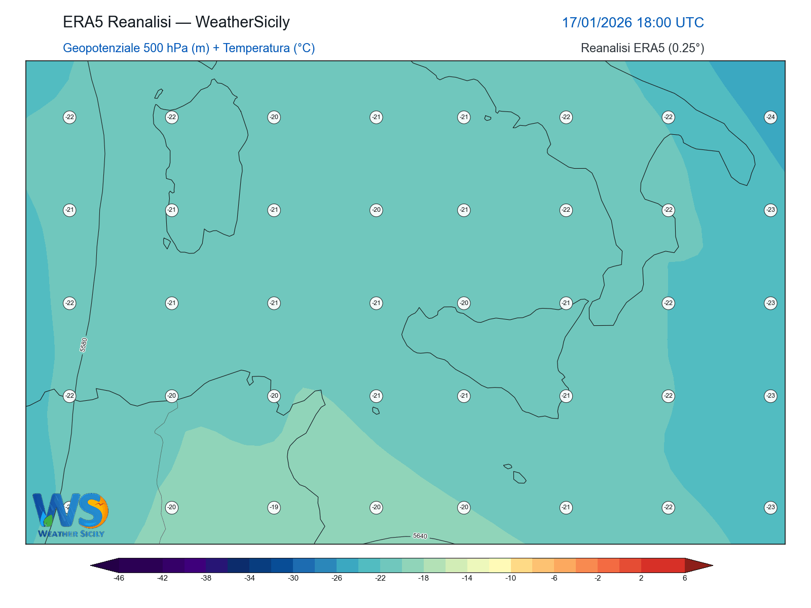 Geopotenziale 500 hPa + Temperatura · 2026011718