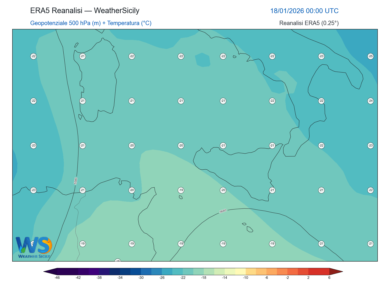 Geopotenziale 500 hPa + Temperatura · 2026011800