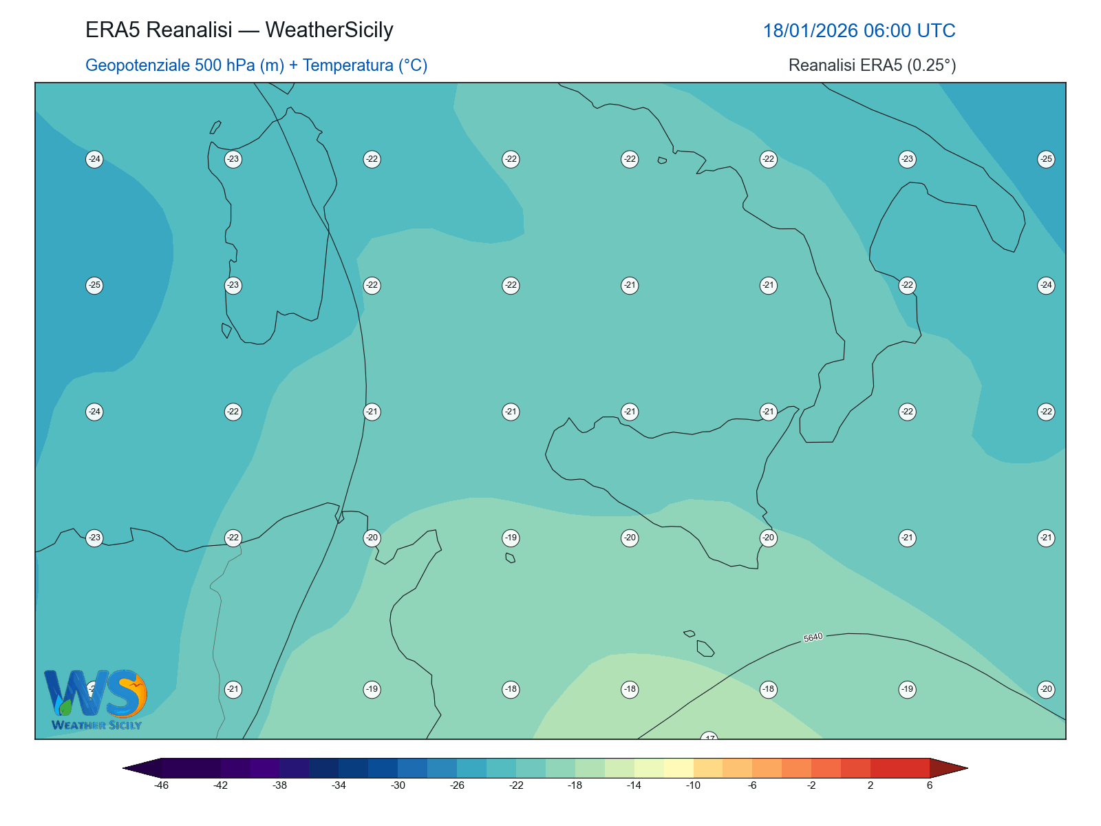 Geopotenziale 500 hPa + Temperatura · 2026011806