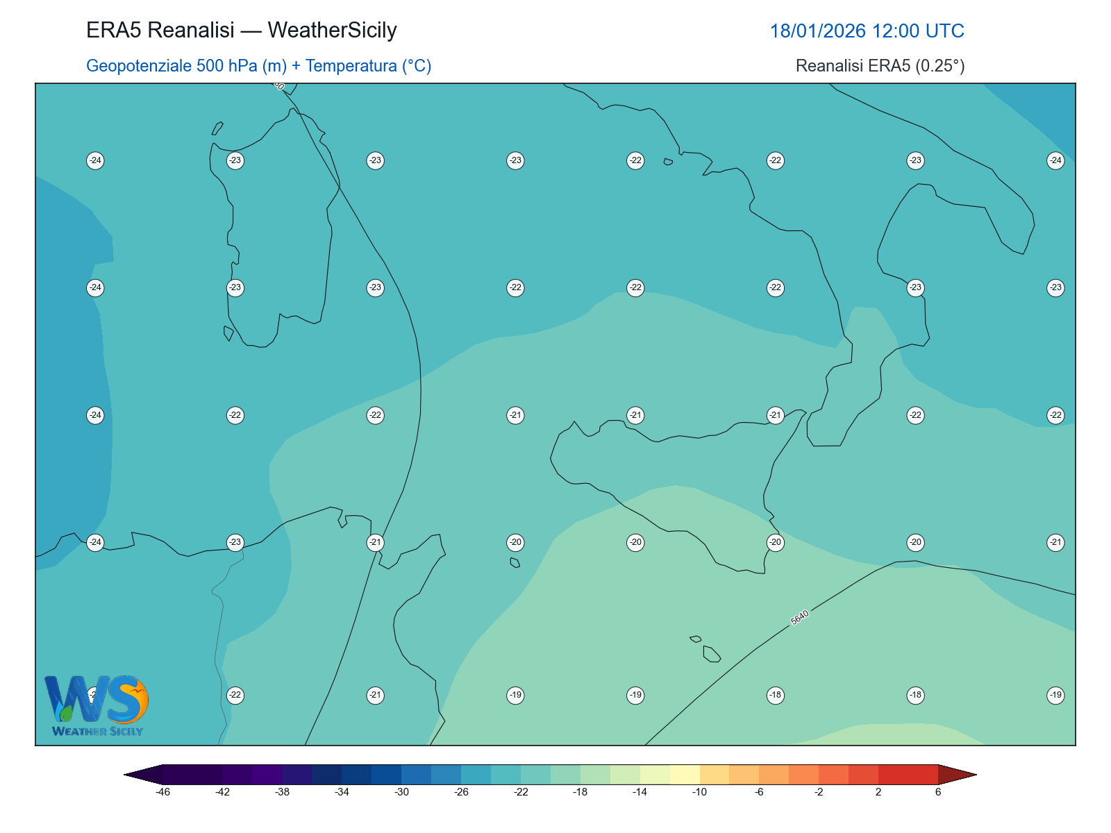 Geopotenziale 500 hPa + Temperatura · 2026011812