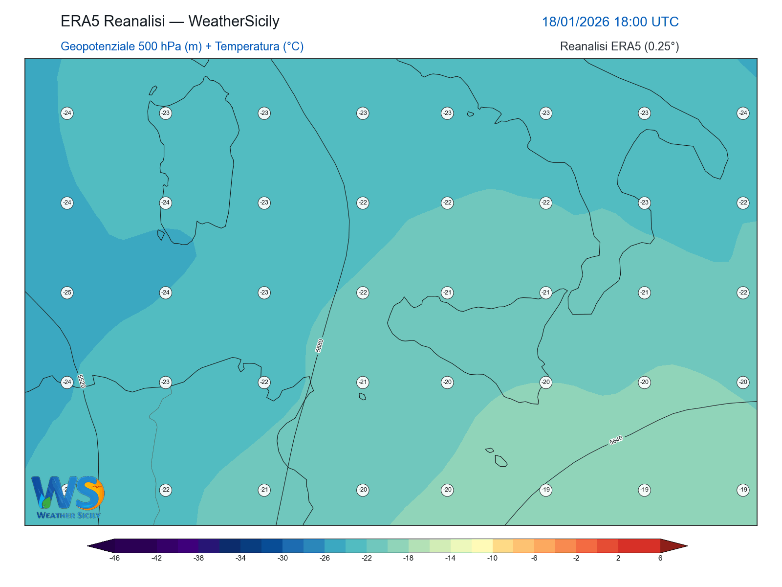 Geopotenziale 500 hPa + Temperatura · 2026011818