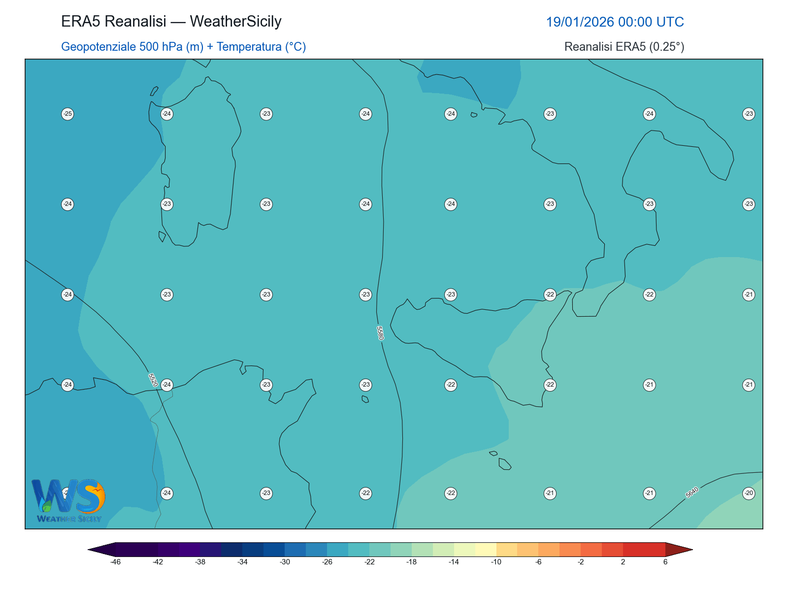 Geopotenziale 500 hPa + Temperatura · 2026011900