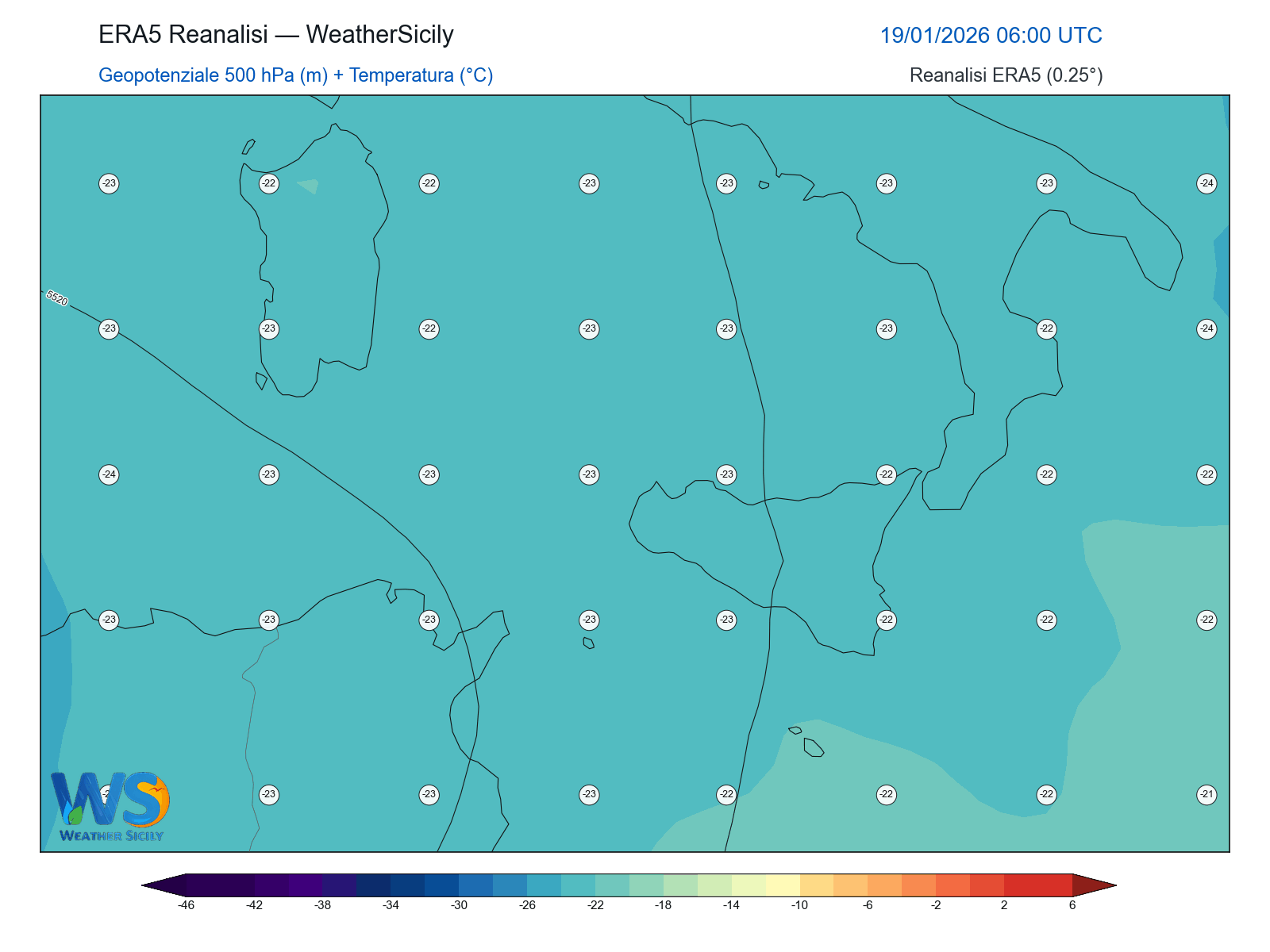 Geopotenziale 500 hPa + Temperatura · 2026011906