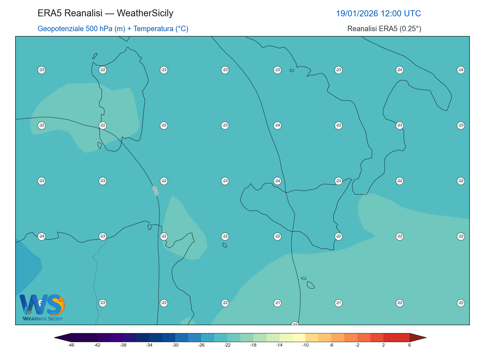 Geopotenziale 500 hPa + Temperatura · 2026011912