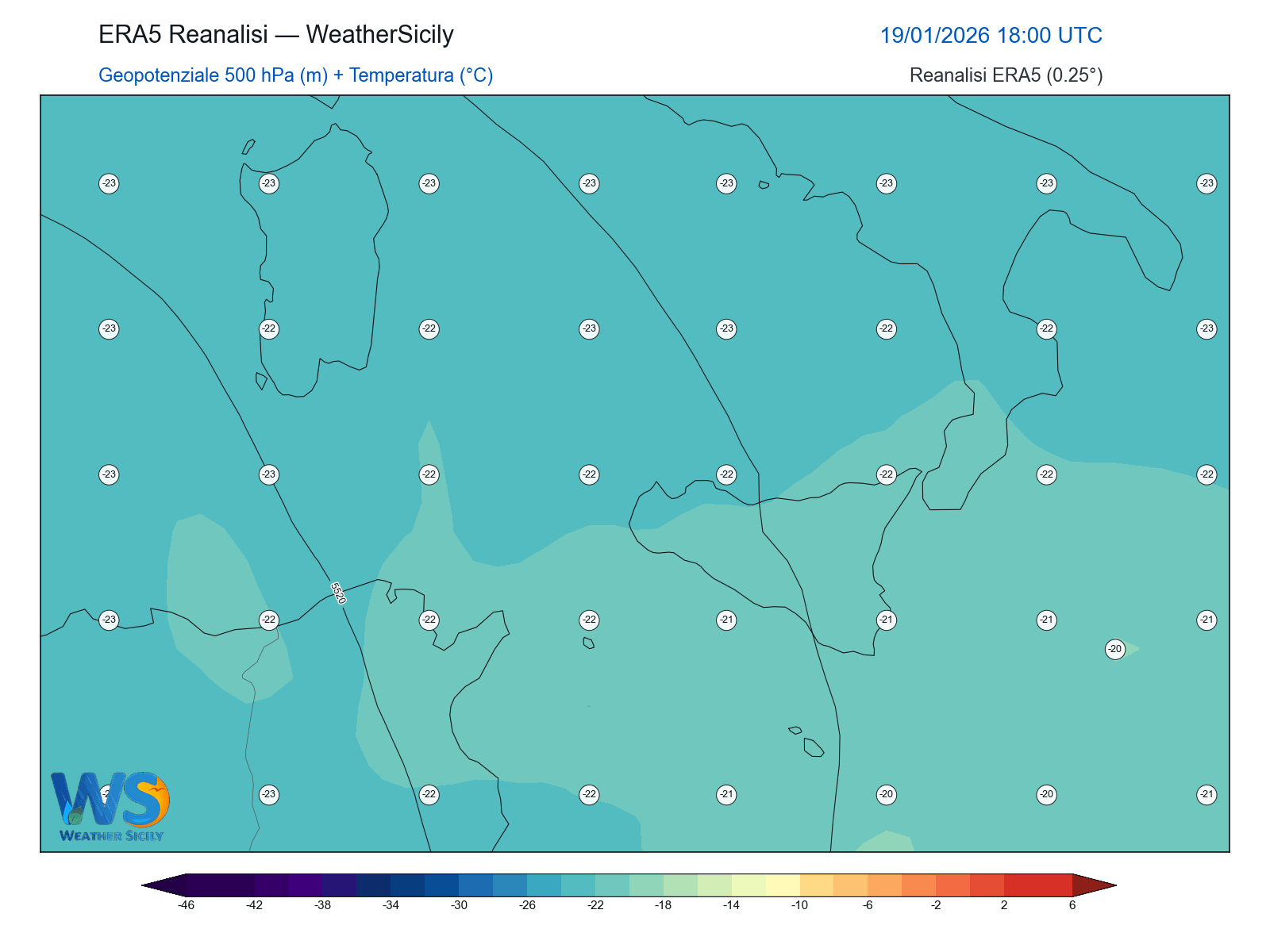 Geopotenziale 500 hPa + Temperatura · 2026011918