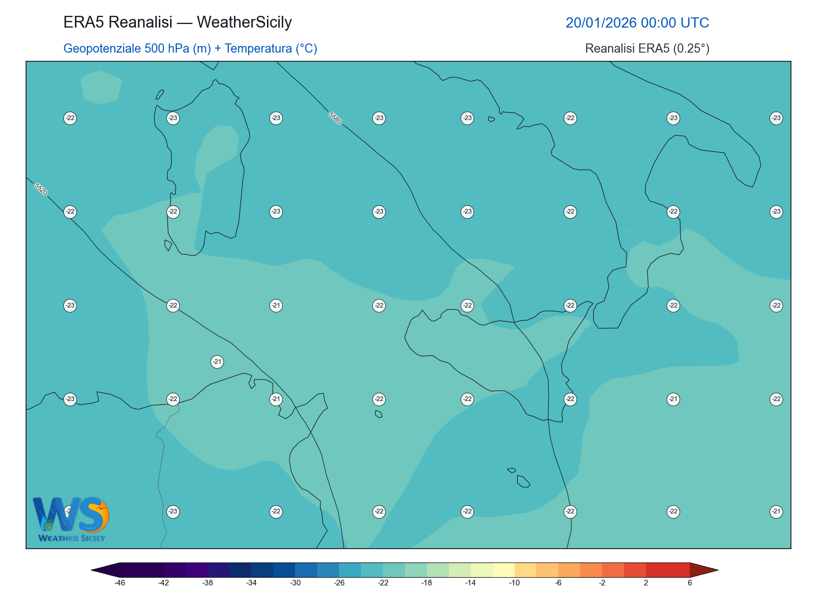 Geopotenziale 500 hPa + Temperatura · 2026012000