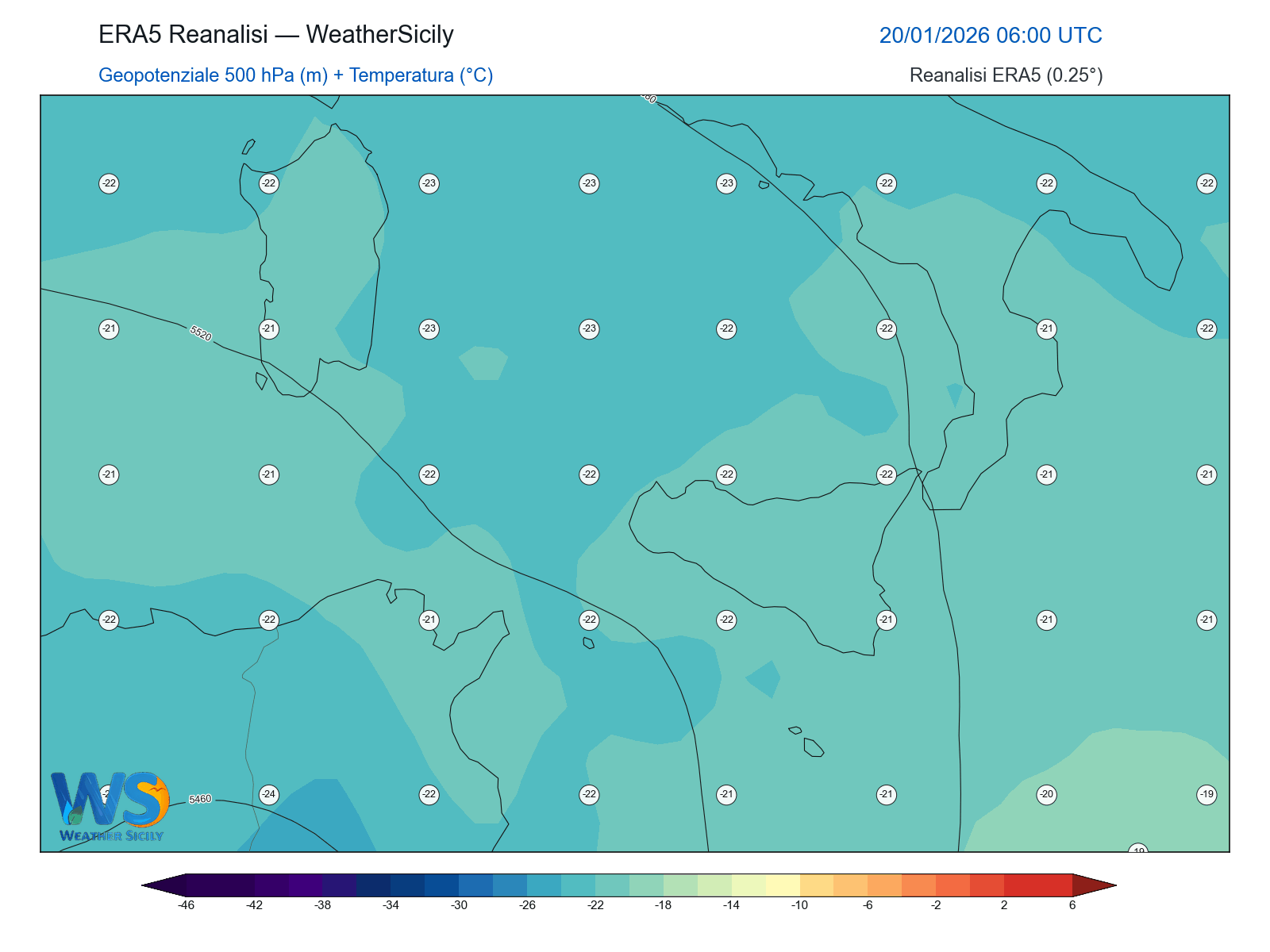 Geopotenziale 500 hPa + Temperatura · 2026012006