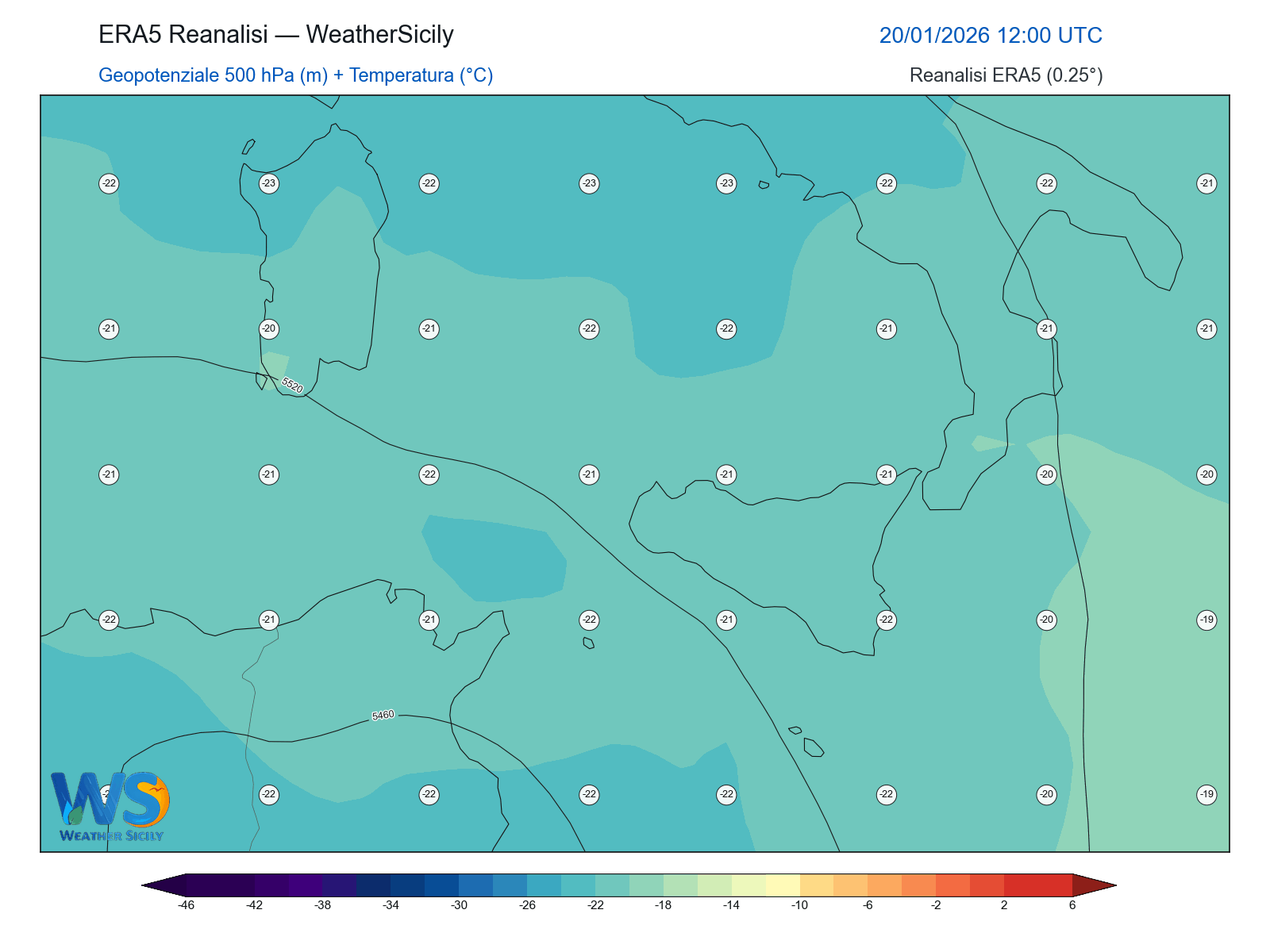 Geopotenziale 500 hPa + Temperatura · 2026012012