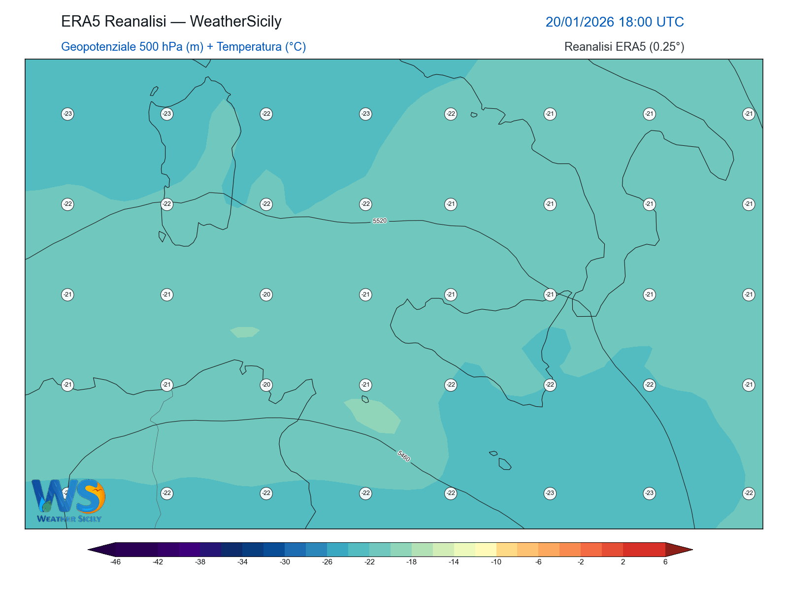 Geopotenziale 500 hPa + Temperatura · 2026012018