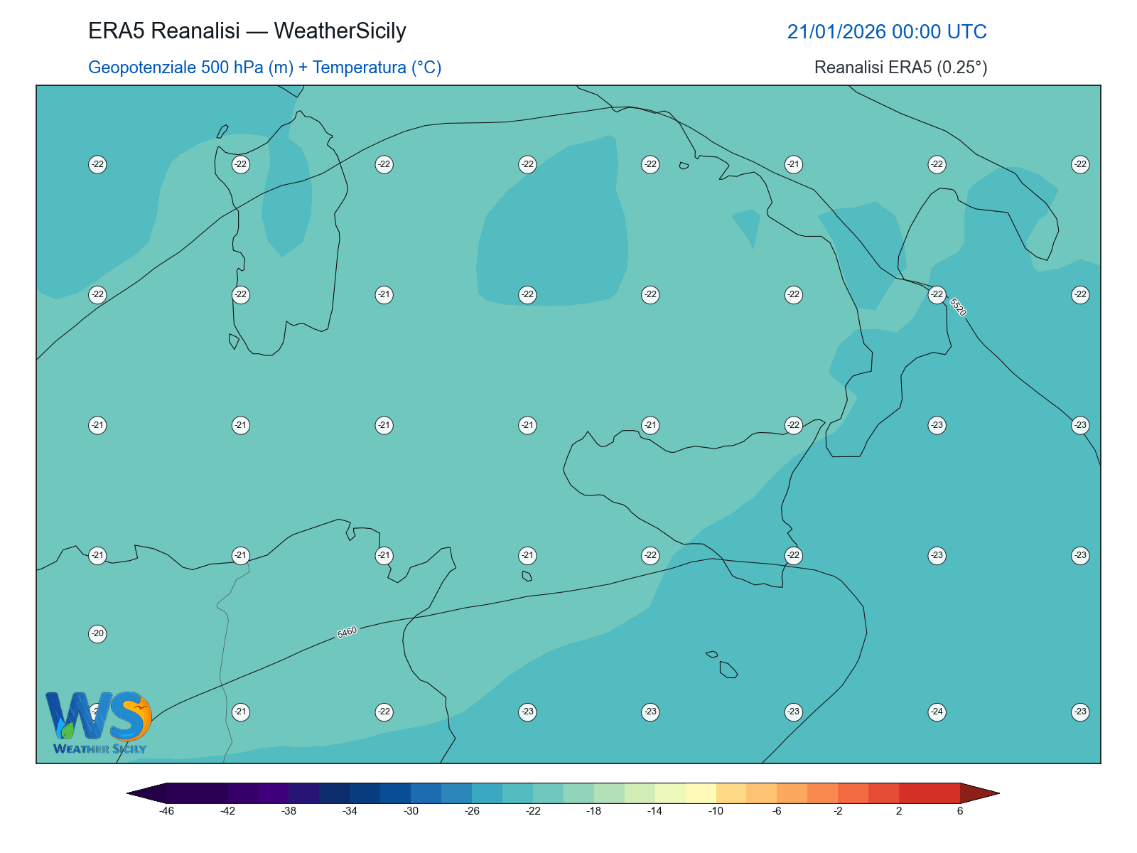 Geopotenziale 500 hPa + Temperatura · 2026012100