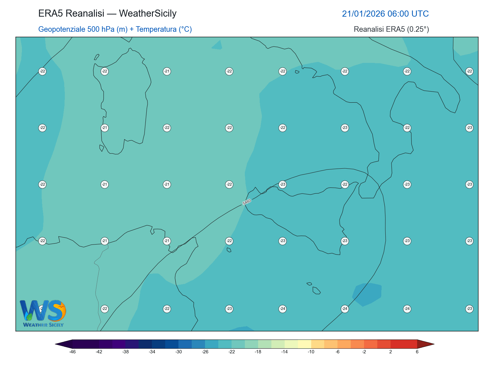 Geopotenziale 500 hPa + Temperatura · 2026012106