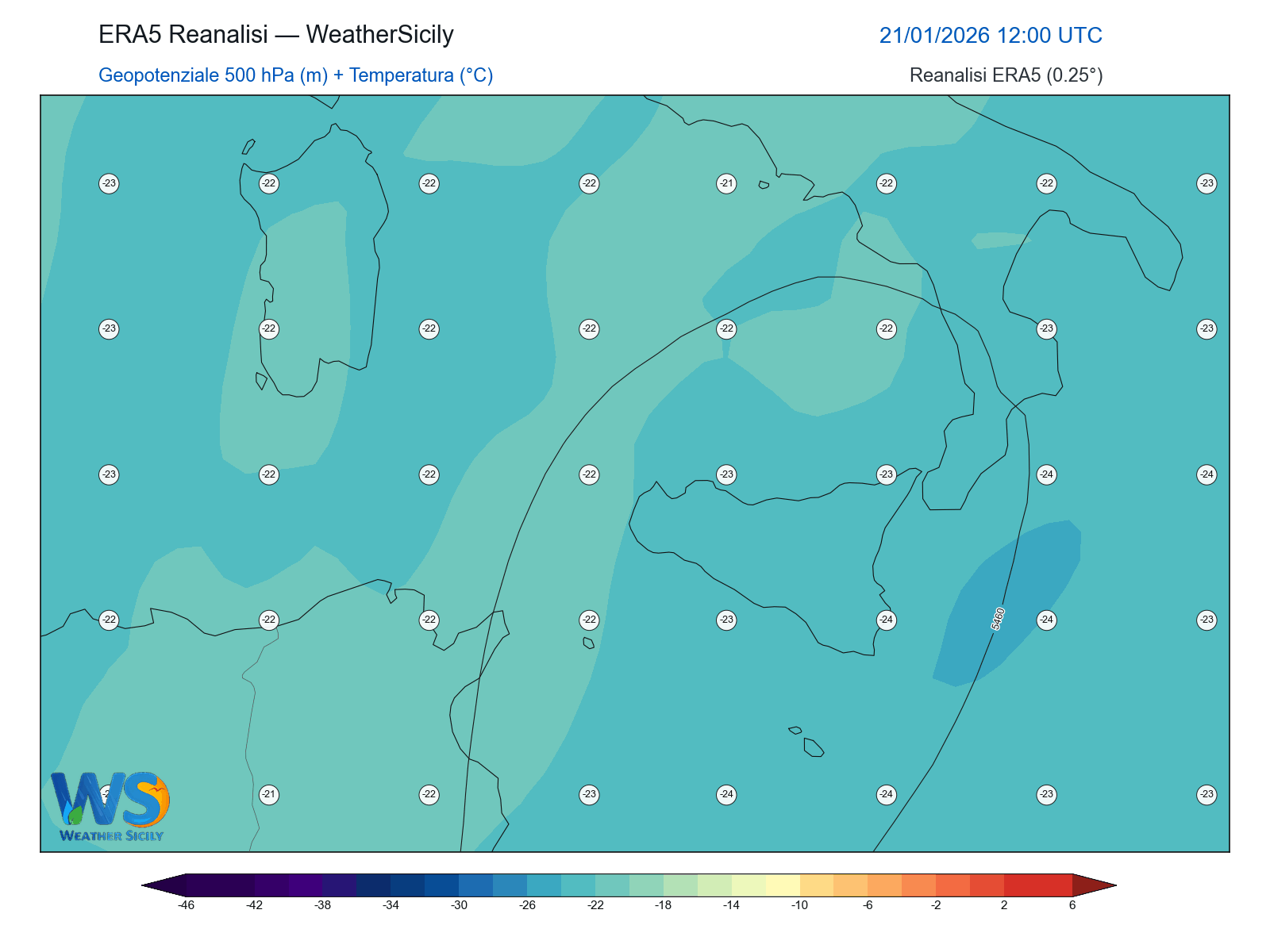Geopotenziale 500 hPa + Temperatura · 2026012112