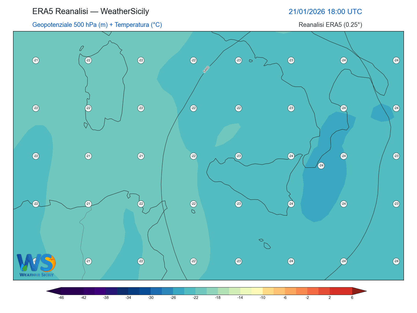 Geopotenziale 500 hPa + Temperatura · 2026012118