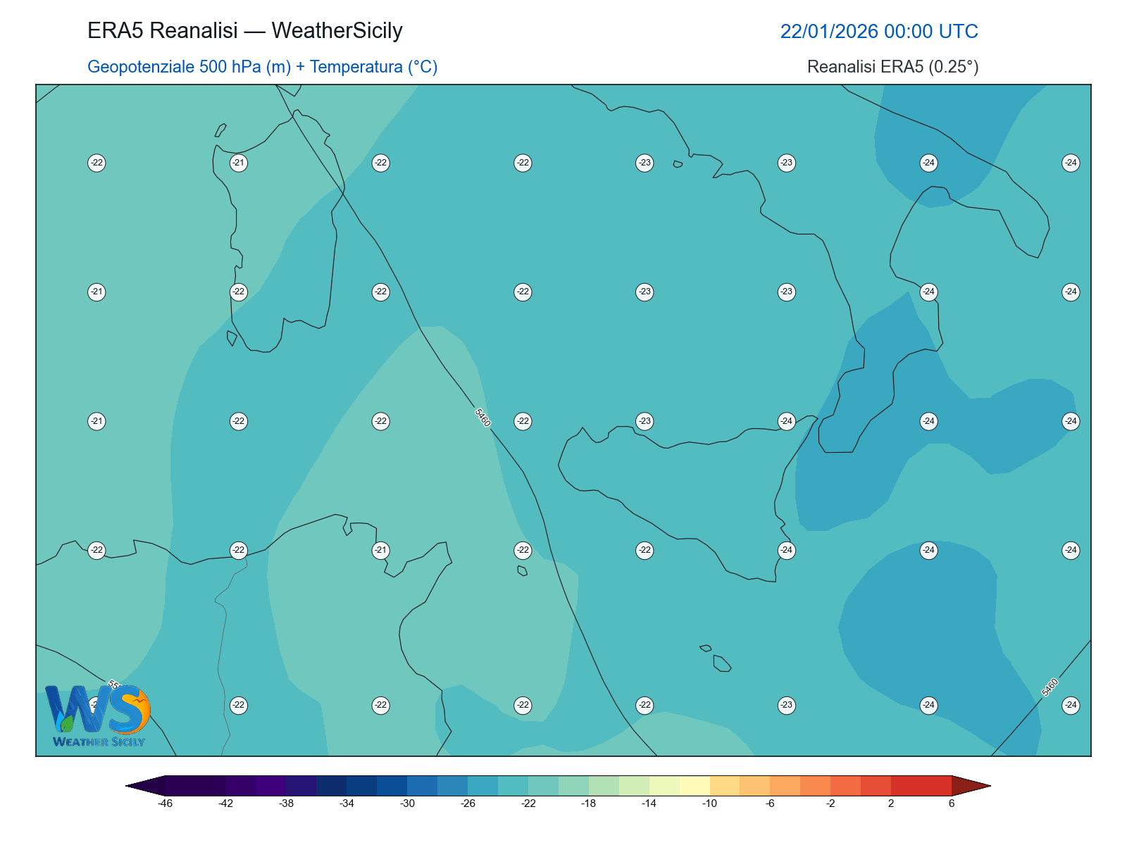 Geopotenziale 500 hPa + Temperatura · 2026012200