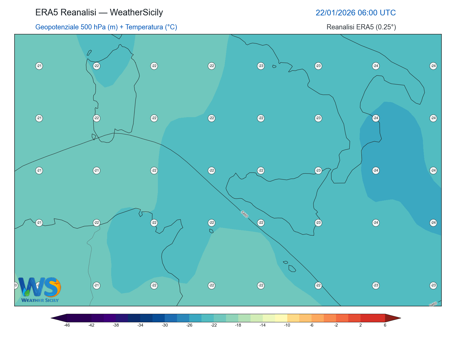 Geopotenziale 500 hPa + Temperatura · 2026012206