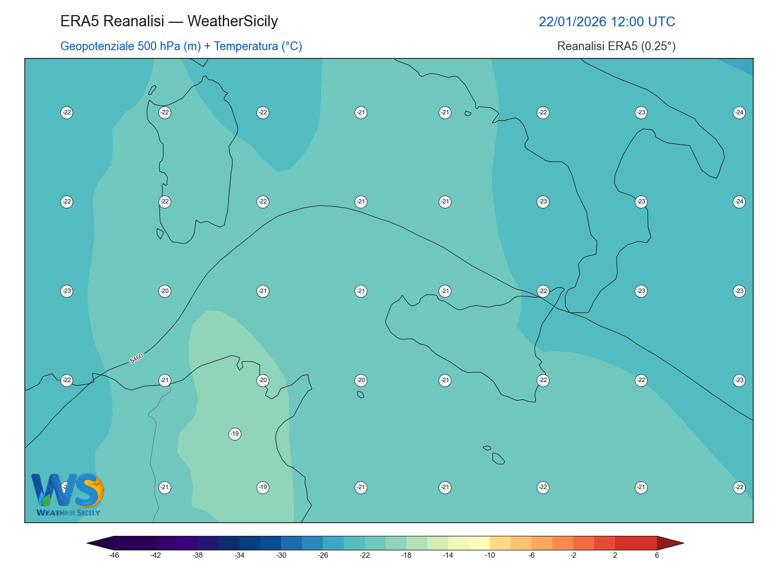 Geopotenziale 500 hPa + Temperatura · 2026012212