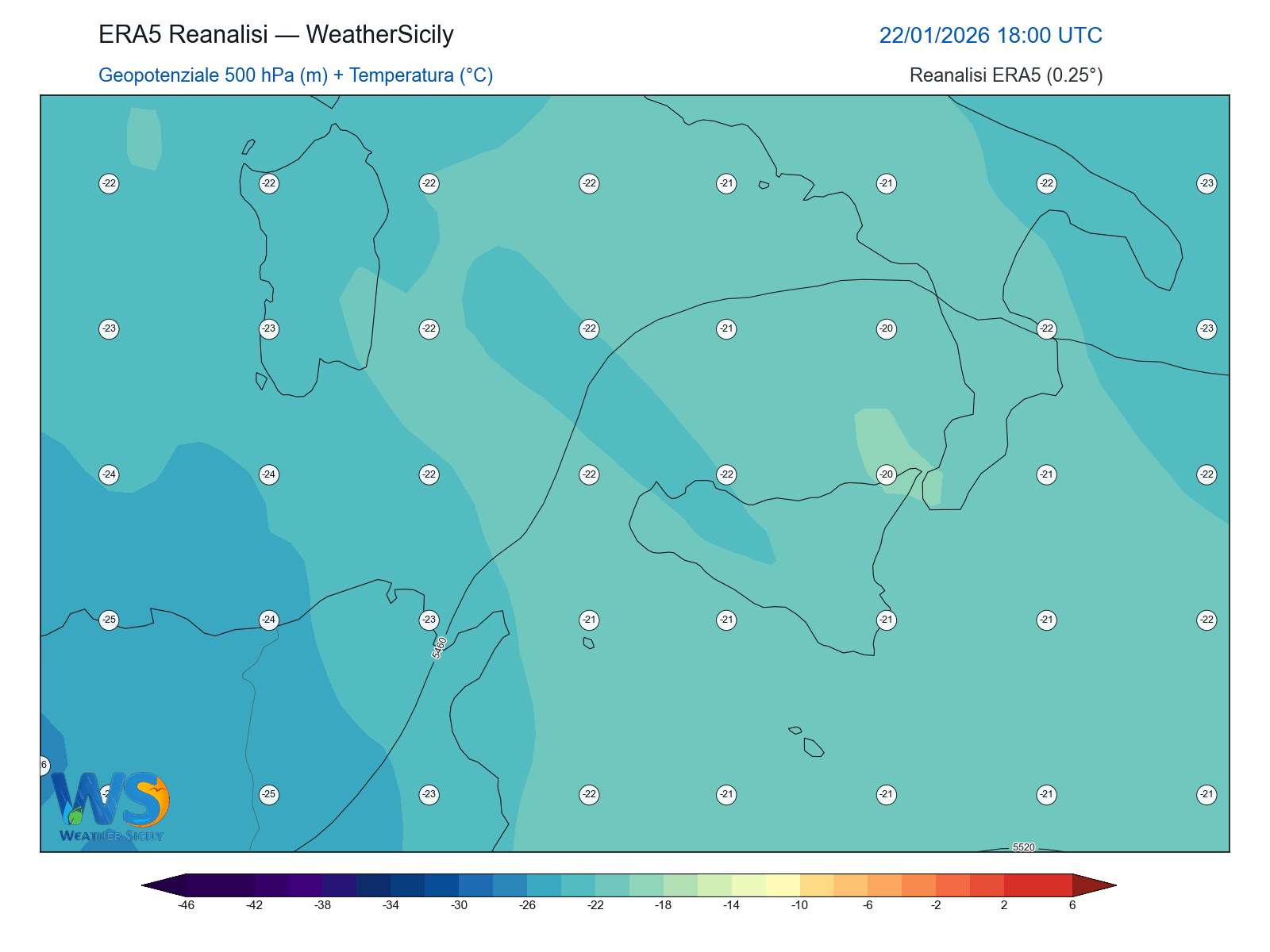 Geopotenziale 500 hPa + Temperatura · 2026012218